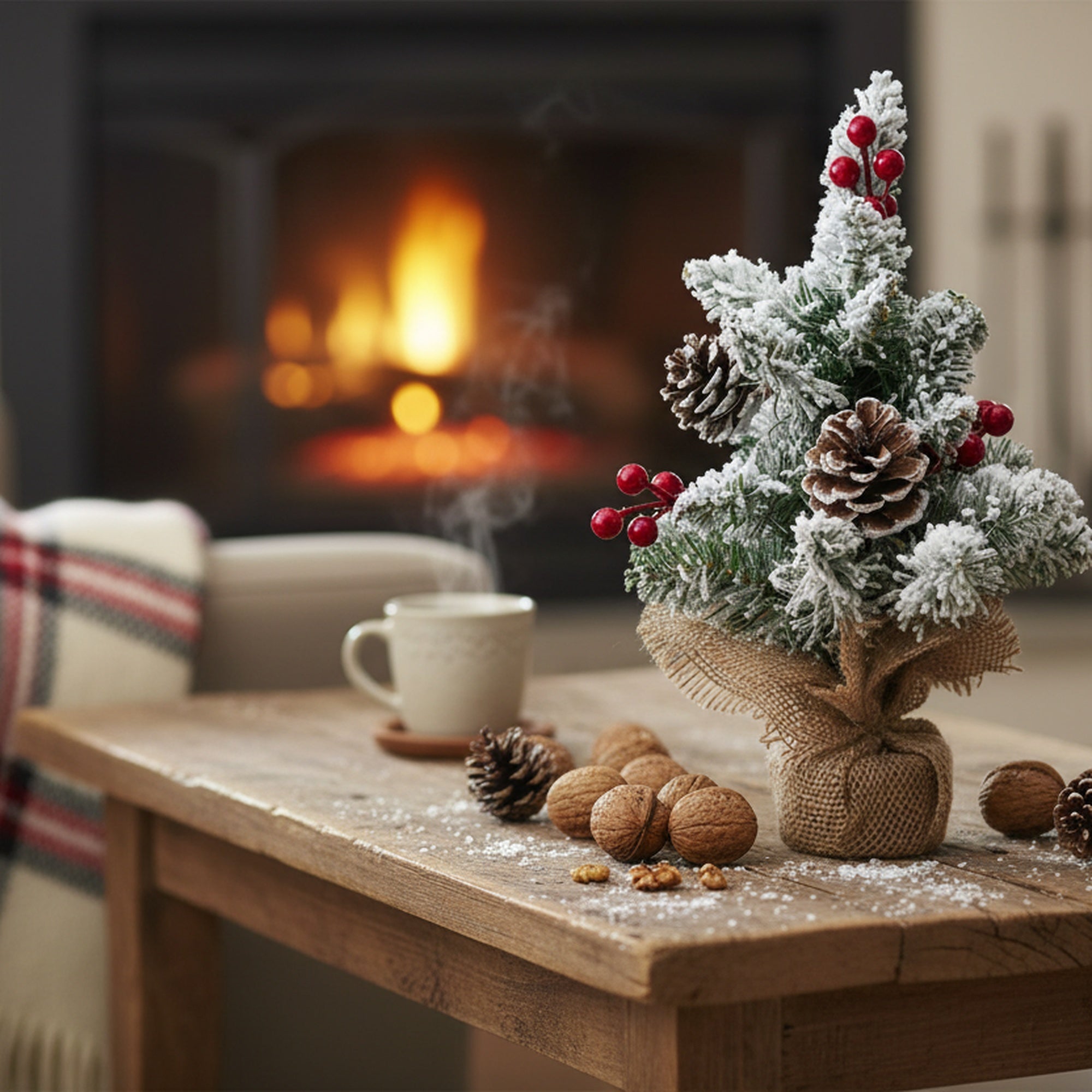 Snowy Berries and Pinecone Cedar Tree with Burlap Base 13", Christmas, Holiday Decor