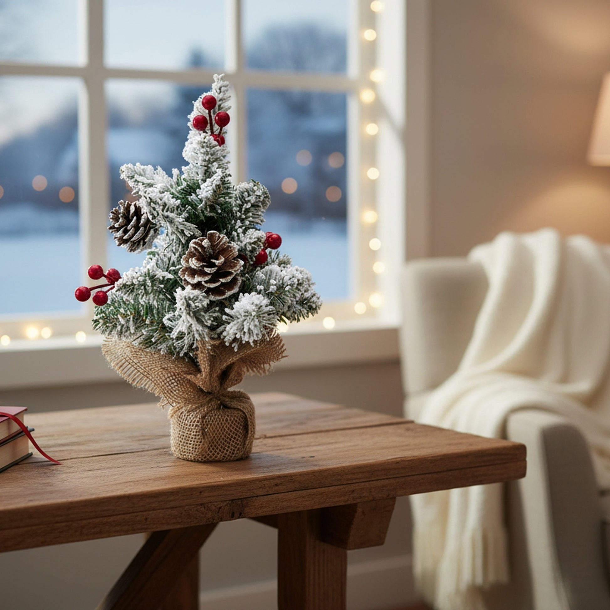 Snowy Berries and Pinecone Cedar Tree with Burlap Base 13", Christmas, Holiday Decor