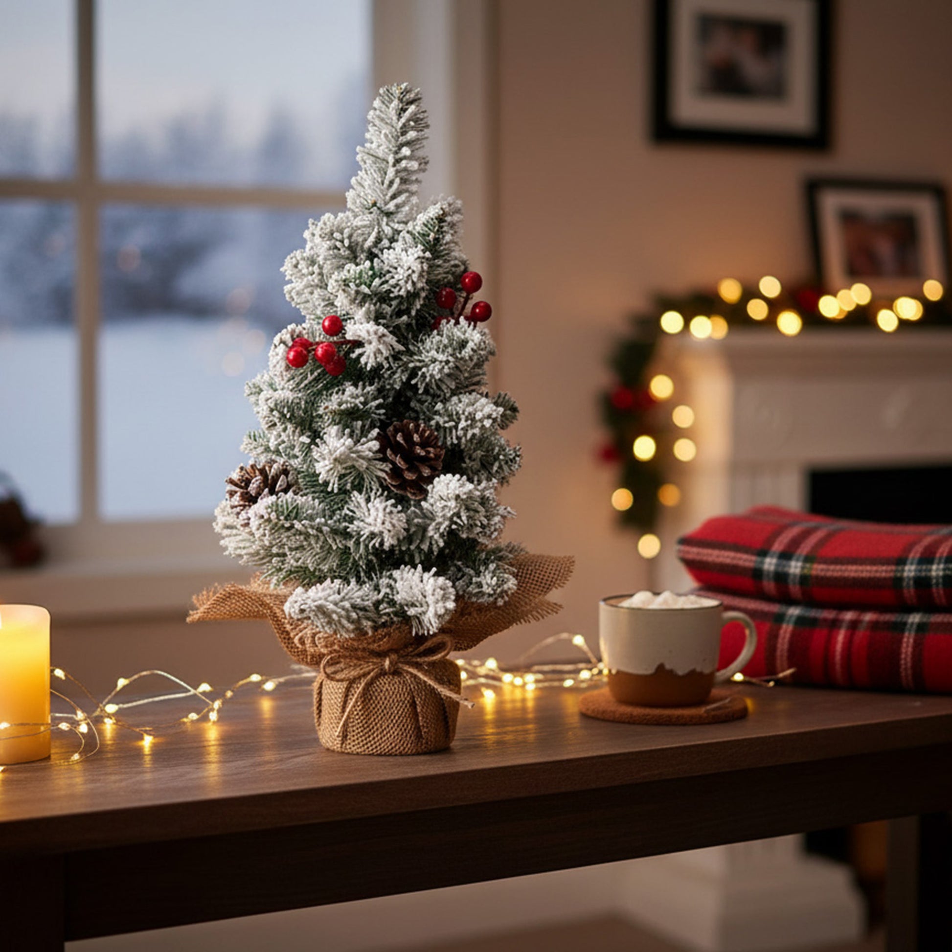 Snowy Berries and Pinecone Cedar Tree with Burlap Base 18", Christmas, Holiday Decor
