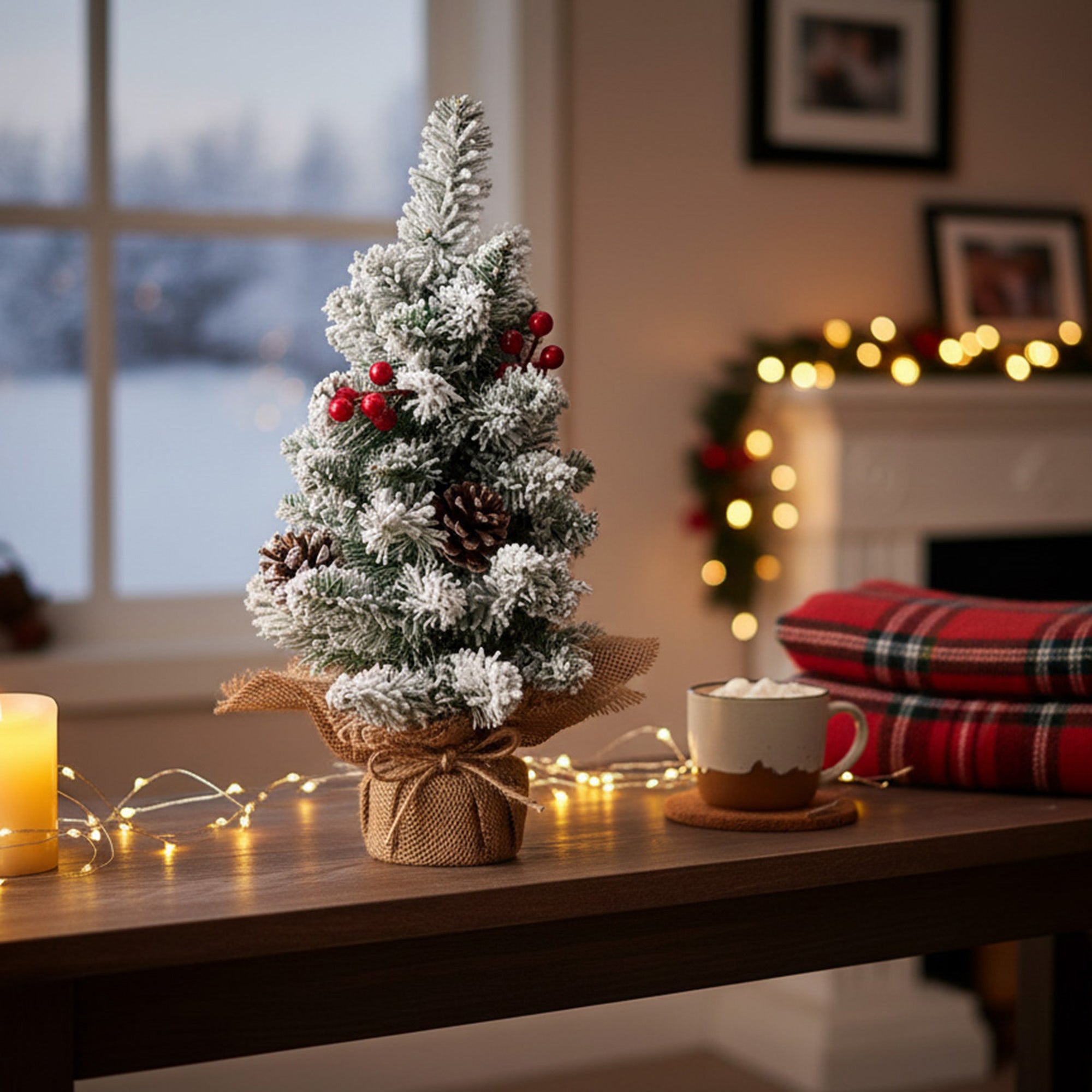 Snowy Berries and Pinecone Cedar Tree with Burlap Base 18", Christmas, Holiday Decor