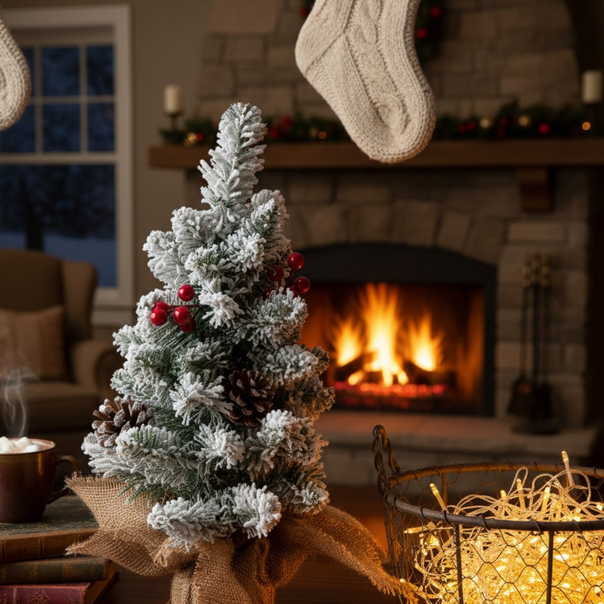 Snowy Berries and Pinecone Cedar Tree with Burlap Base 18", Christmas, Holiday Decor
