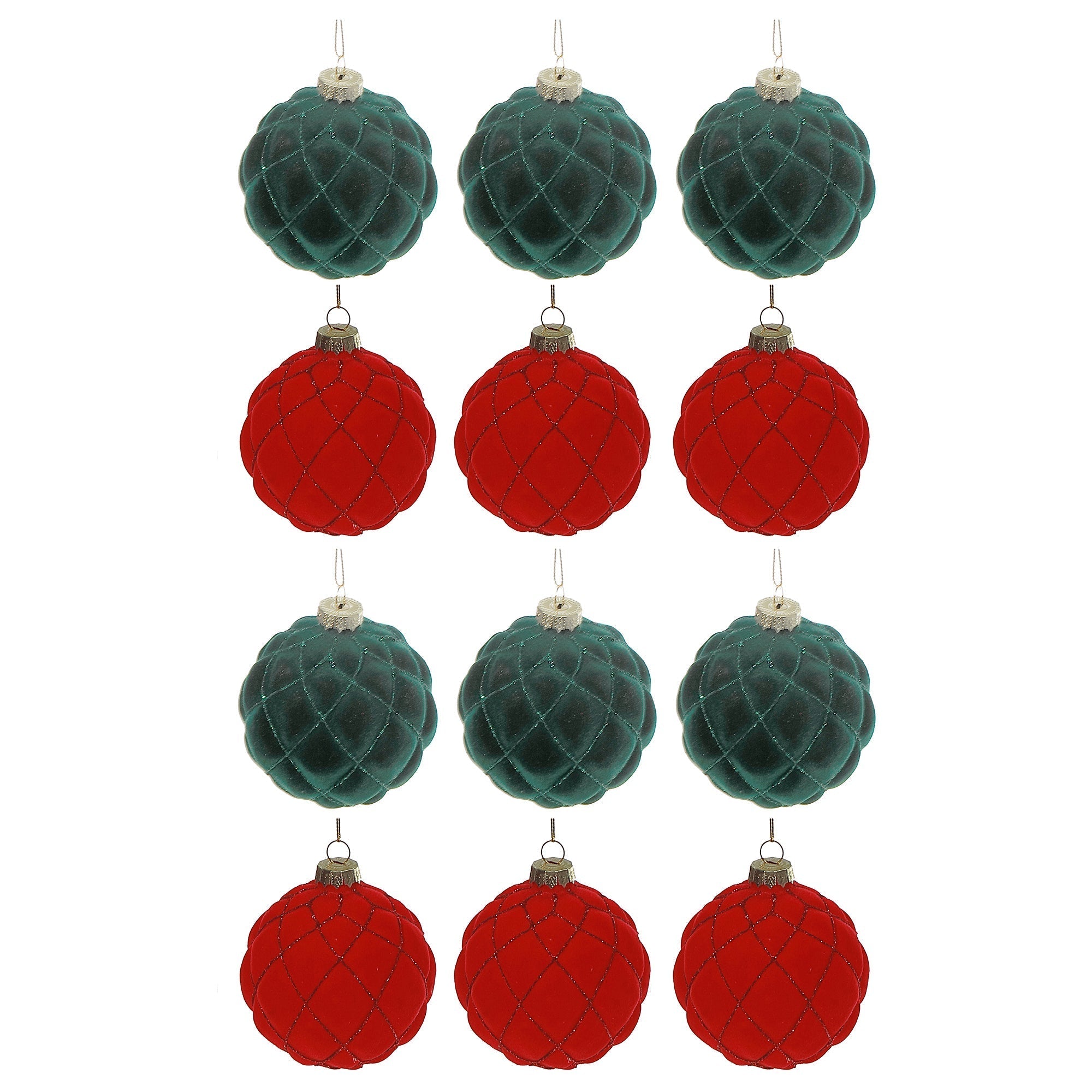 Velveteen Glass Ball Ornaments, Assorted Christmas Tree Decorations, Holiday Sparkling Baubles, Set of 12