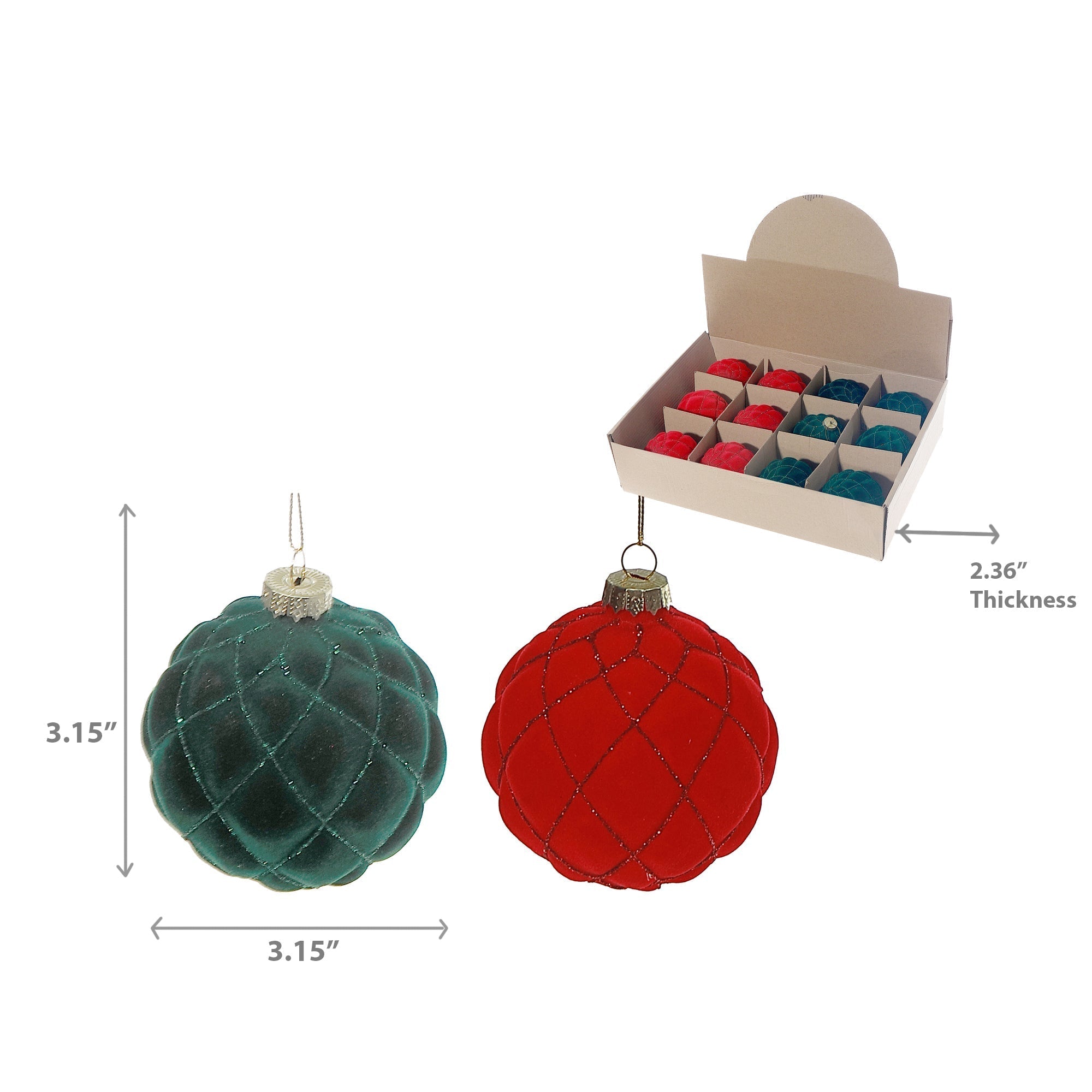 Velveteen Glass Ball Ornaments, Assorted Christmas Tree Decorations, Holiday Sparkling Baubles, Set of 12