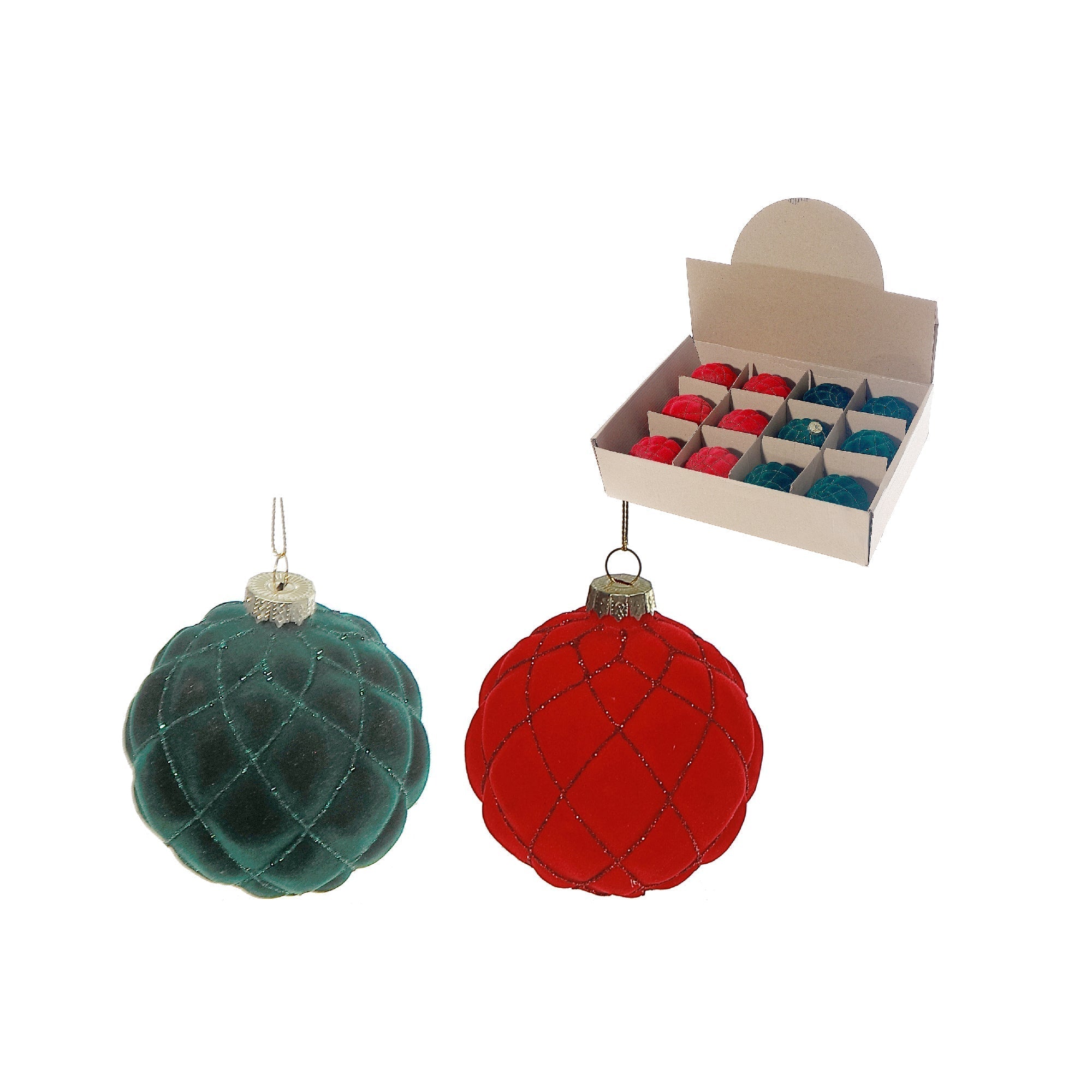 Velveteen Glass Ball Ornaments, Assorted Christmas Tree Decorations, Holiday Sparkling Baubles, Set of 12