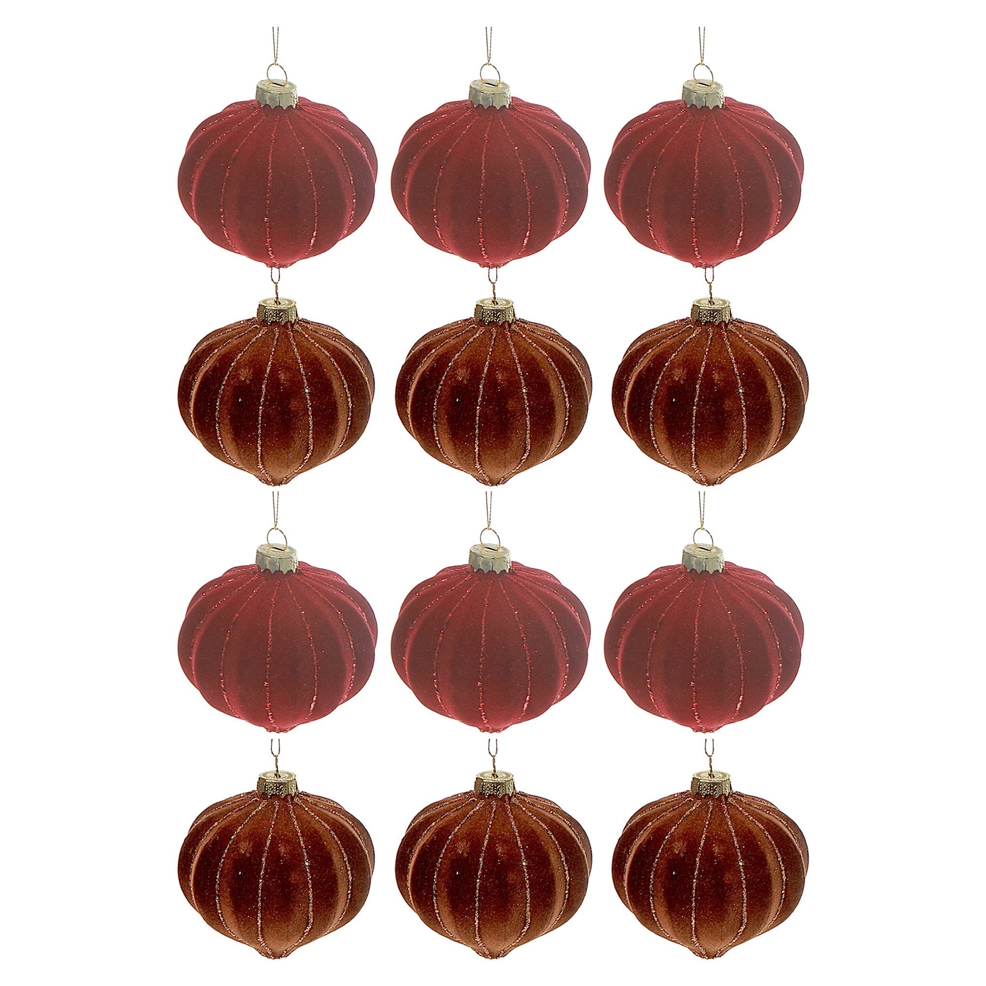 Velveteen Glass Onion Ornaments, Assorted Christmas Tree Decorations, Holiday Sparkly Glass Ornaments, Set of 12