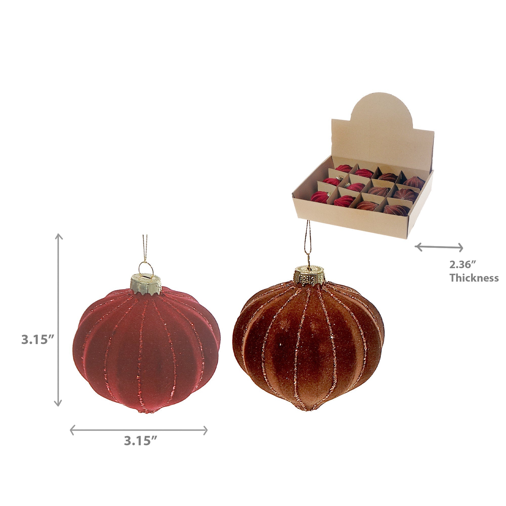 Velveteen Glass Onion Ornaments, Assorted Christmas Tree Decorations, Holiday Sparkly Glass Ornaments, Set of 12