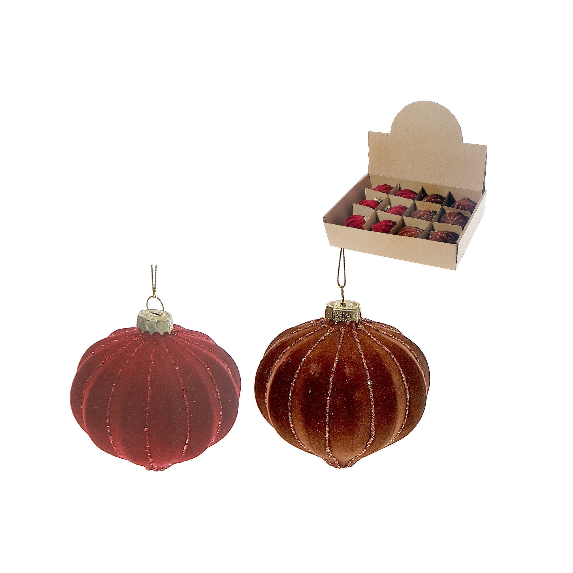 Velveteen Glass Onion Ornaments, Assorted Christmas Tree Decorations, Holiday Sparkly Glass Ornaments, Set of 12