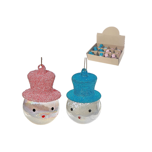 Glass Snowman With Top Hat Ornament (Asstd) - Set of 12
