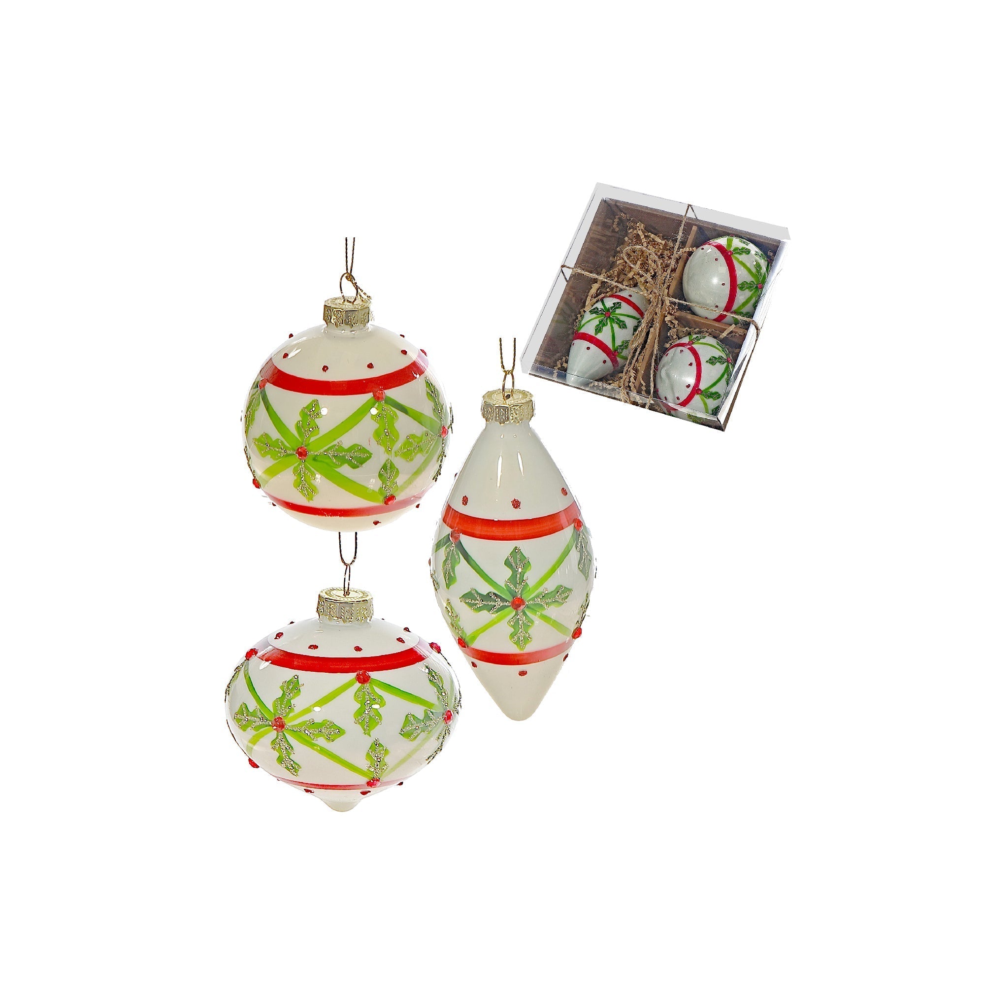 8 Centimeter Glass Ornaments in Gift Box, Holly Leaf Christmas Design, Holiday Tree Decorations, Festive Glass Ornaments, Set of 3
