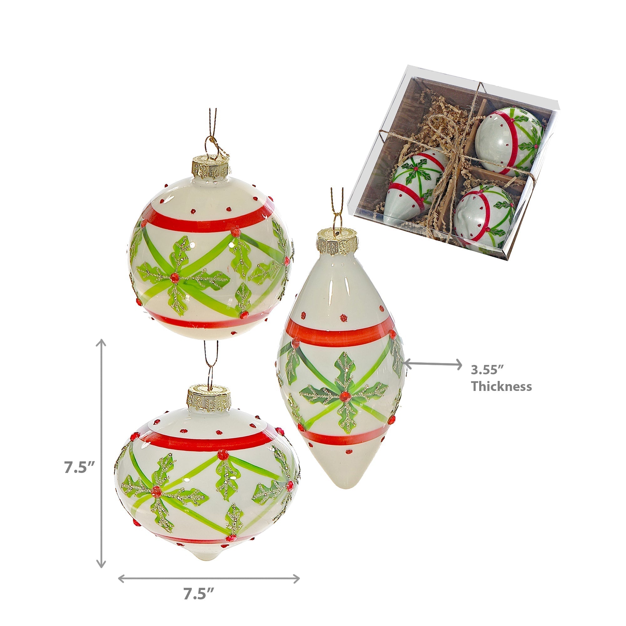 8 Centimeter Glass Ornaments in Gift Box, Holly Leaf Christmas Design, Holiday Tree Decorations, Festive Glass Ornaments, Set of 3