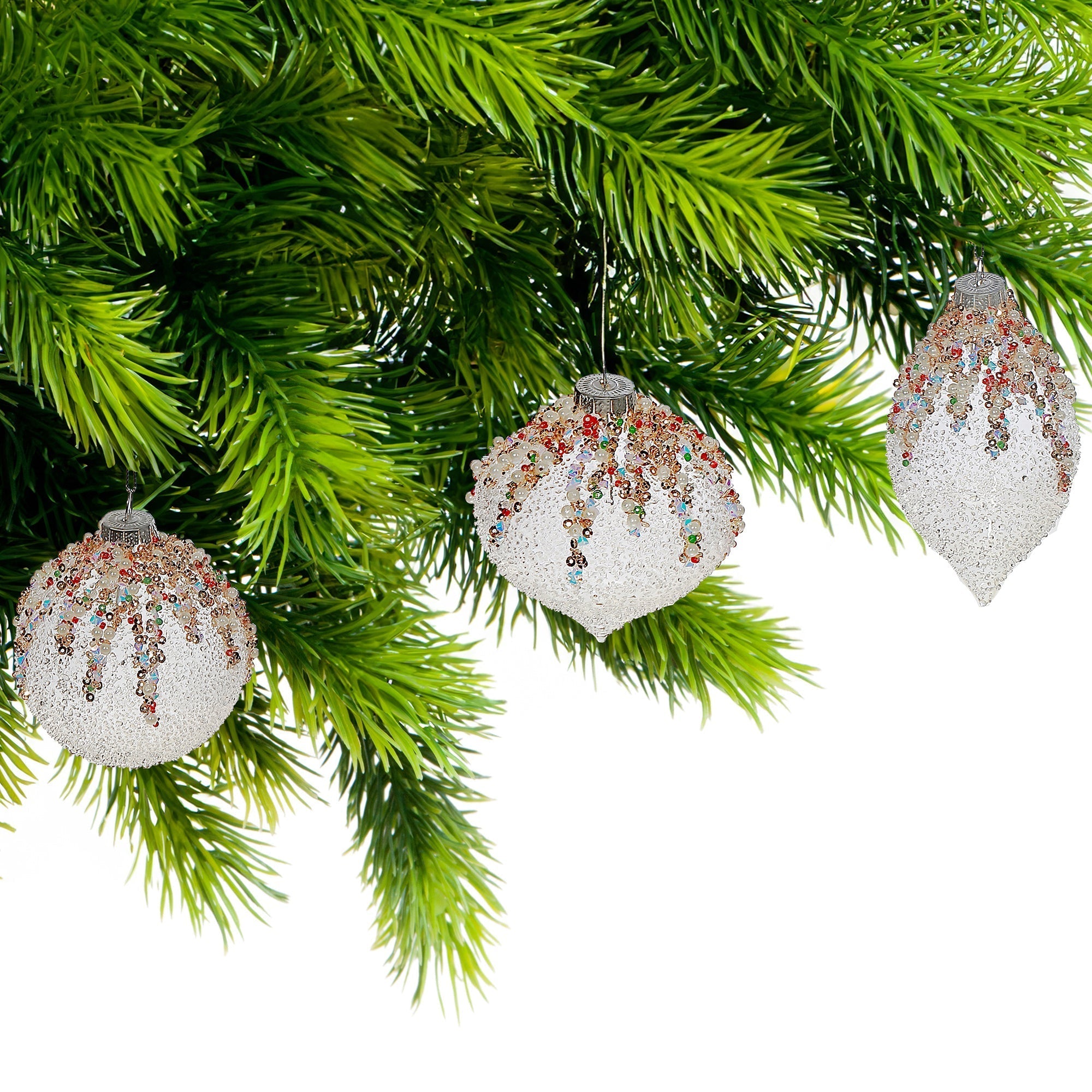 8 Centimeter Beaded Crystal Glass Ornaments in Gift Box, Holiday Christmas Tree Decorations, Sparkly Festive Ornaments, Set of 3