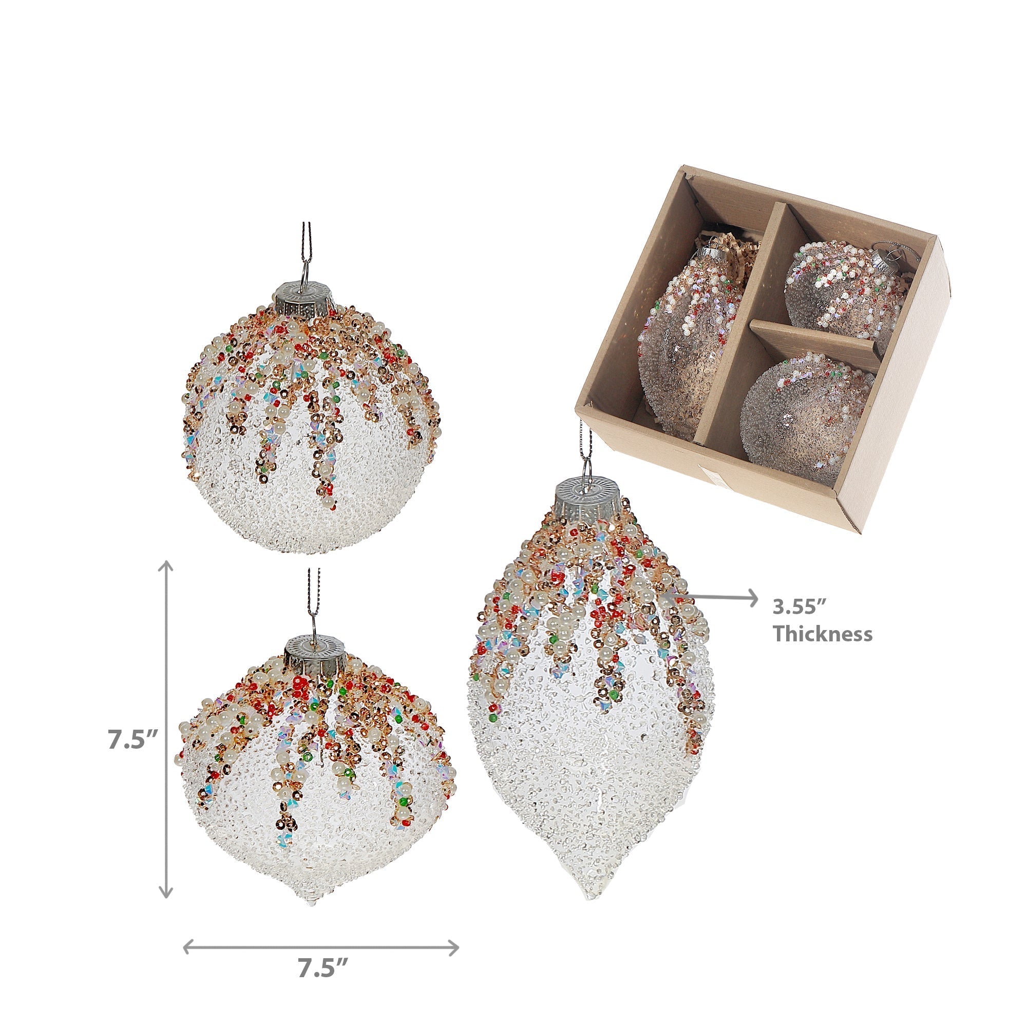 8 Centimeter Beaded Crystal Glass Ornaments in Gift Box, Holiday Christmas Tree Decorations, Sparkly Festive Ornaments, Set of 3