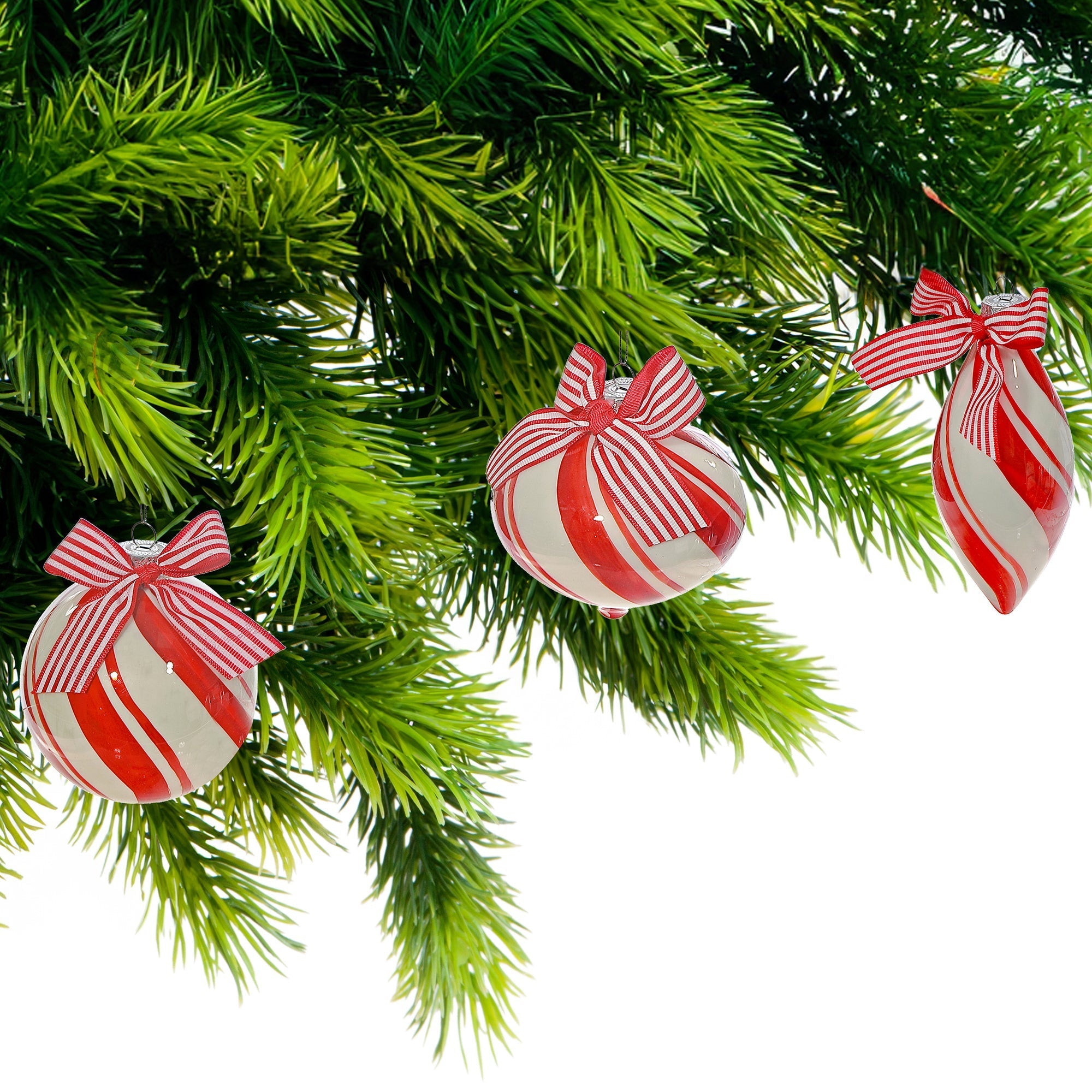 10 Centimeter Glass Ornaments in Gift Box, Candy Cane Stripe Design, Christmas Tree Decorations, Festive Holiday Ornaments, Set of 3