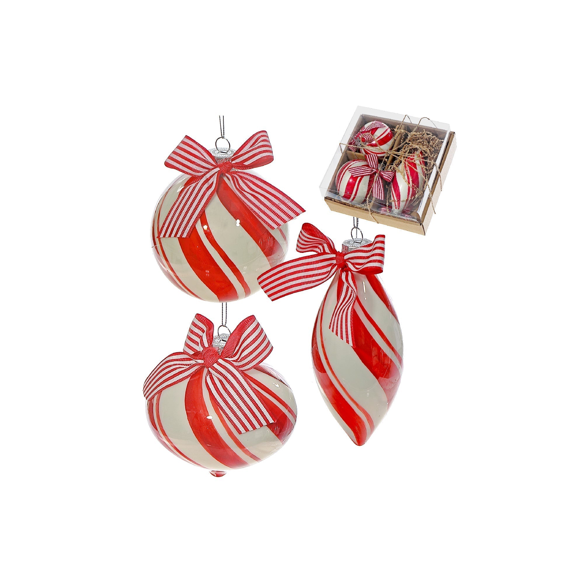 10 Centimeter Glass Ornaments in Gift Box, Candy Cane Stripe Design, Christmas Tree Decorations, Festive Holiday Ornaments, Set of 3