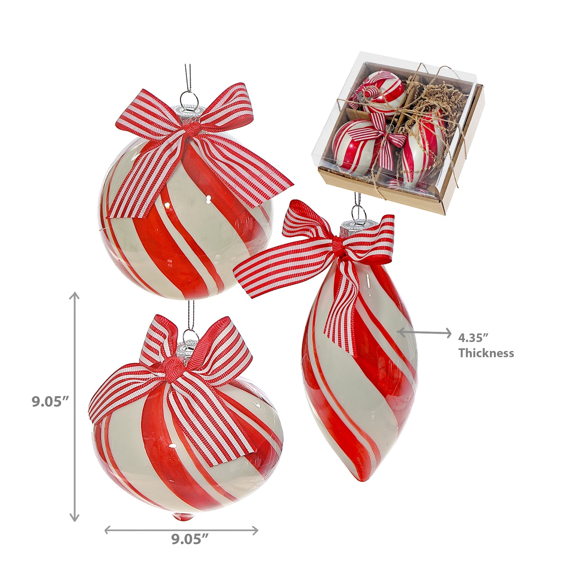 10 Centimeter Glass Ornaments in Gift Box, Candy Cane Stripe Design, Christmas Tree Decorations, Festive Holiday Ornaments, Set of 3
