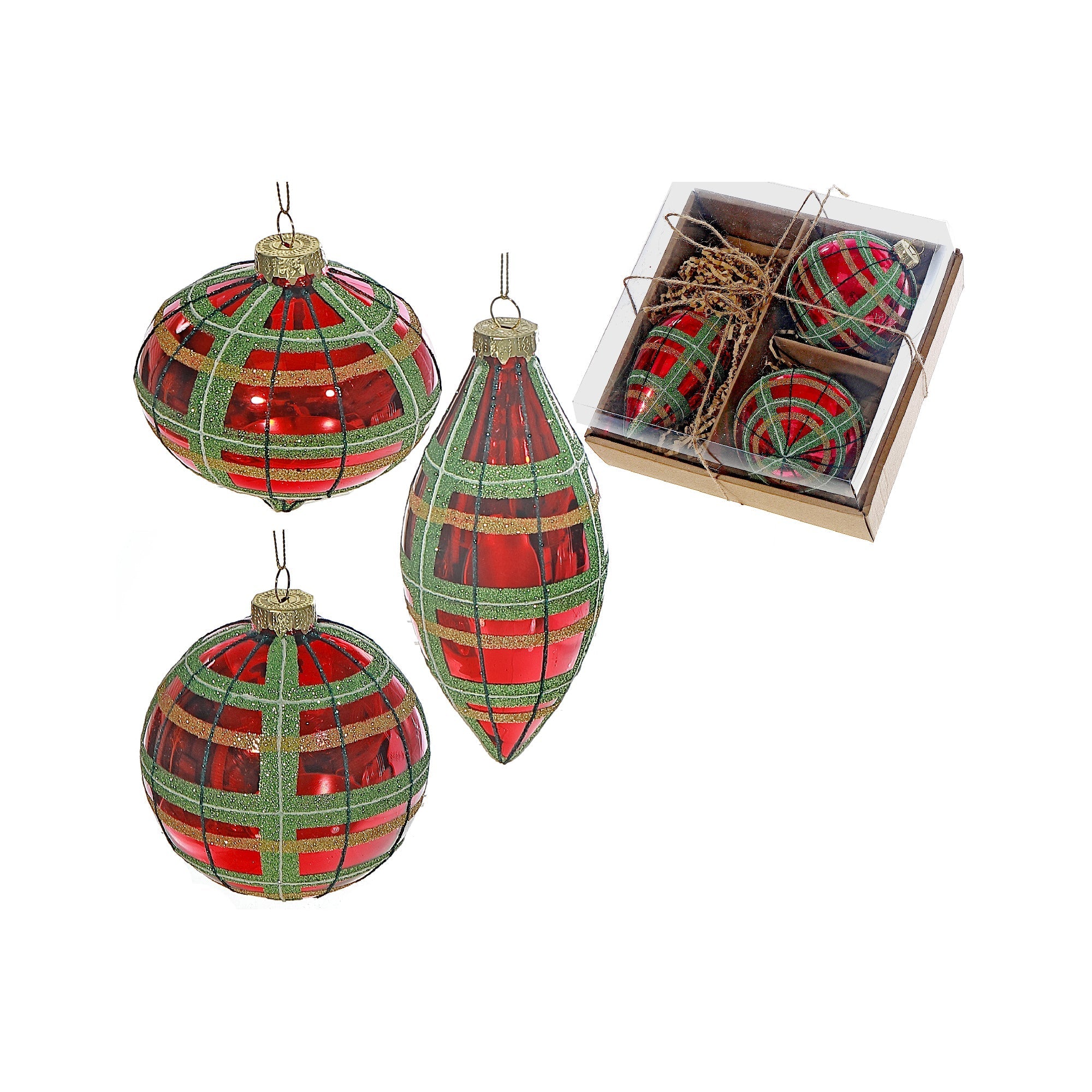 10 Centimeter Glass Ornaments in Gift Box, Plaid Design, Christmas Tree Decorations, Holiday Glass Ornaments, Set of 3