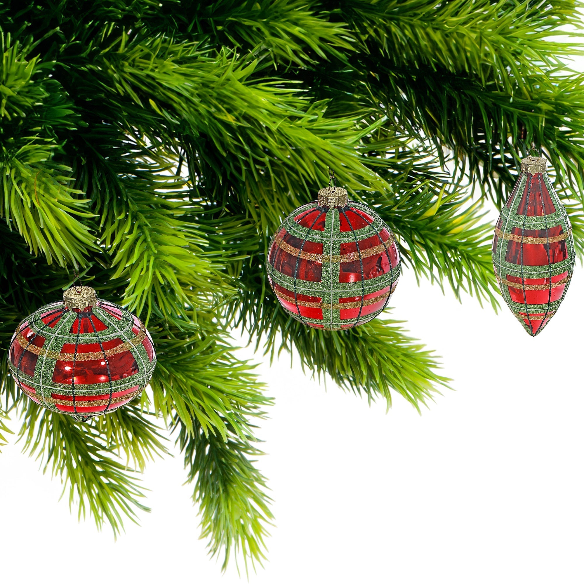 10 Centimeter Glass Ornaments in Gift Box, Plaid Design, Christmas Tree Decorations, Holiday Glass Ornaments, Set of 3