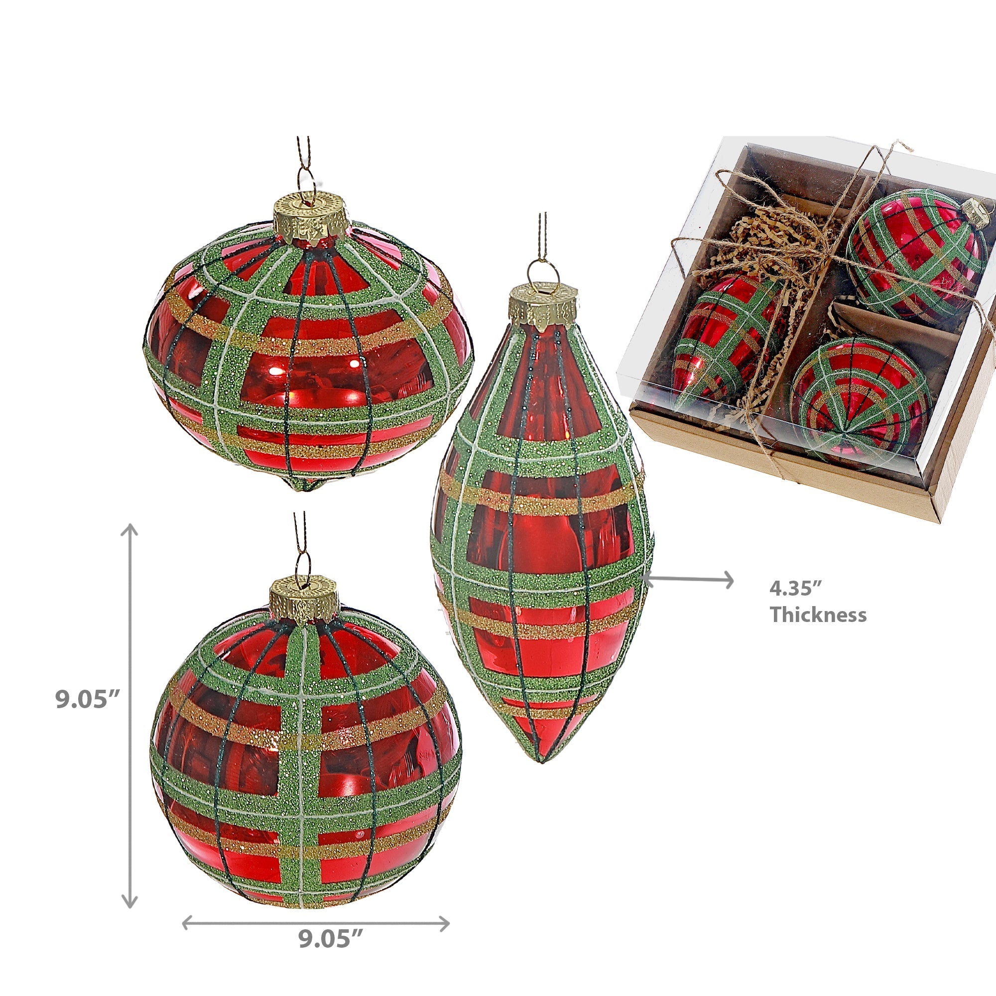 10 Centimeter Glass Ornaments in Gift Box, Plaid Design, Christmas Tree Decorations, Holiday Glass Ornaments, Set of 3