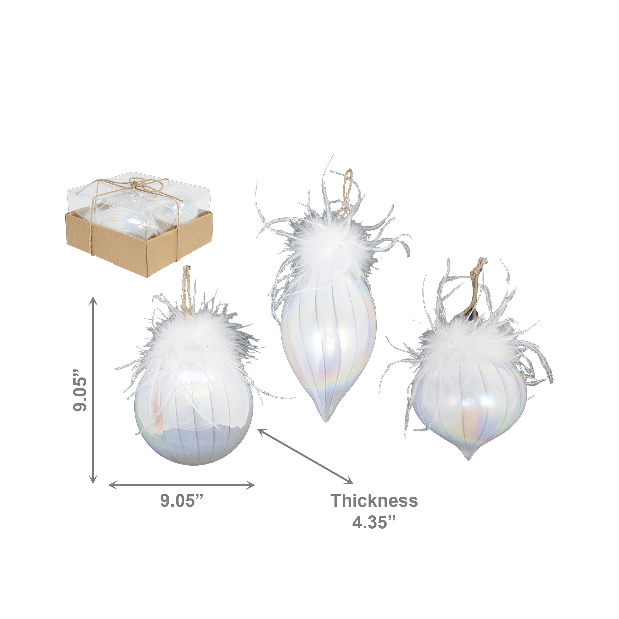 10cm 3 Piece Glass Ornaments in Gift Box Iridescent with Feathers, Storage Box, Holiday Decor