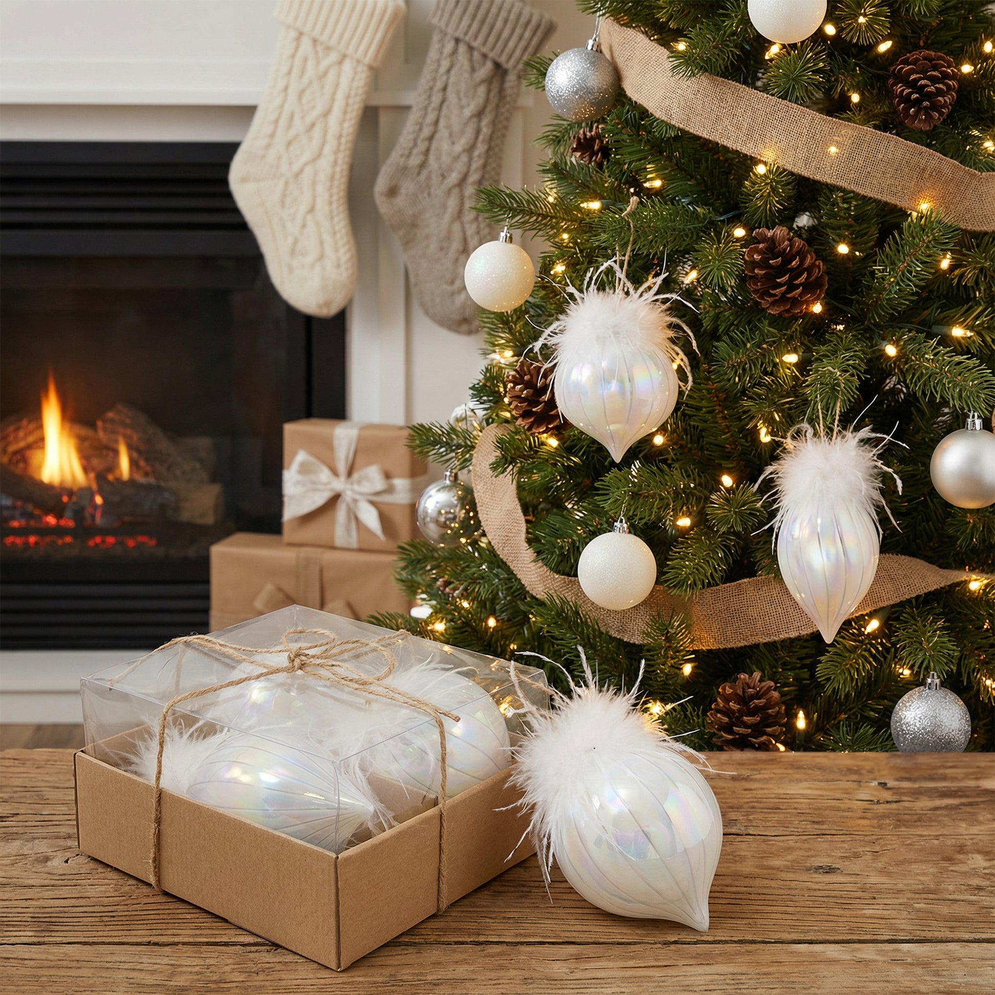 10cm 3 Piece Glass Ornaments in Gift Box Iridescent with Feathers, Storage Box, Holiday Decor