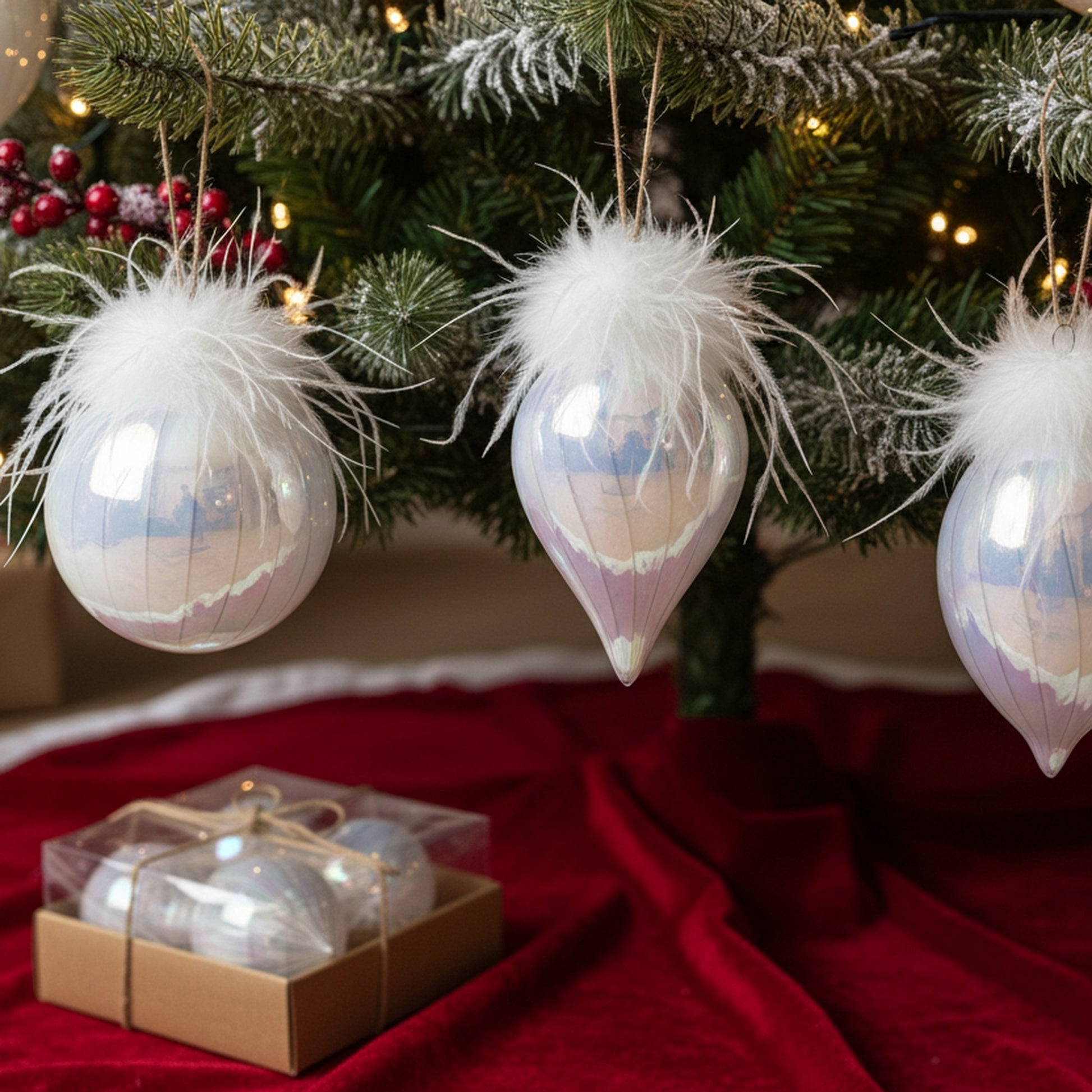 10cm 3 Piece Glass Ornaments in Gift Box Iridescent with Feathers, Storage Box, Holiday Decor