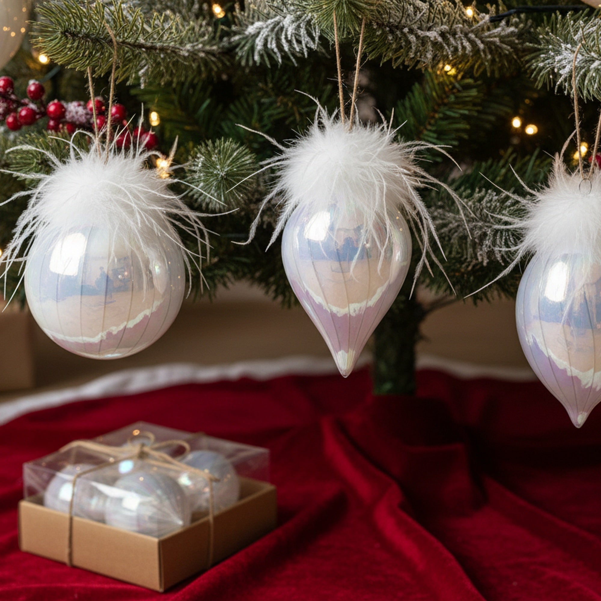10cm 3 Piece Glass Ornaments in Gift Box Iridescent with Feathers, Storage Box, Holiday Decor