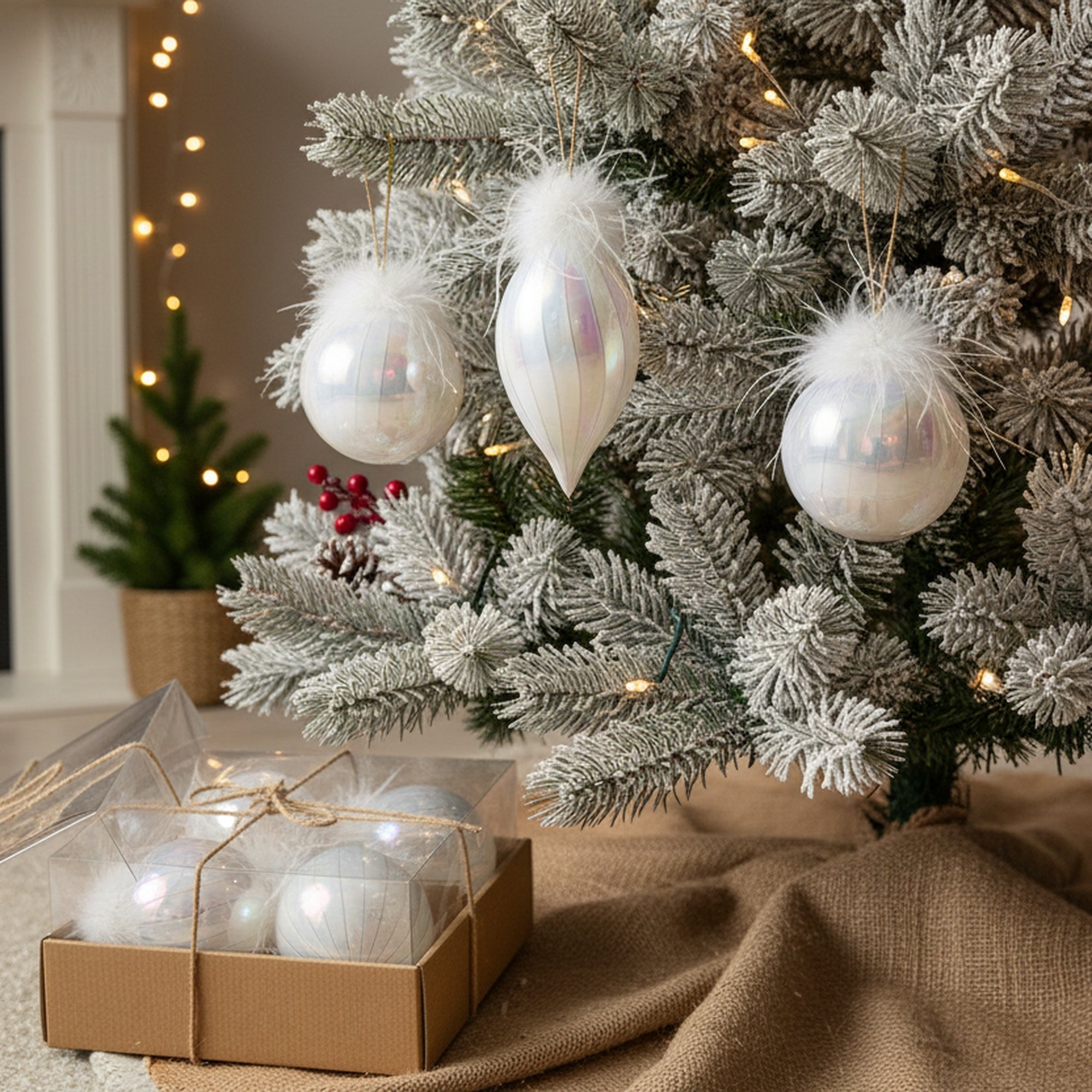 10cm 3 Piece Glass Ornaments in Gift Box Iridescent with Feathers, Storage Box, Holiday Decor