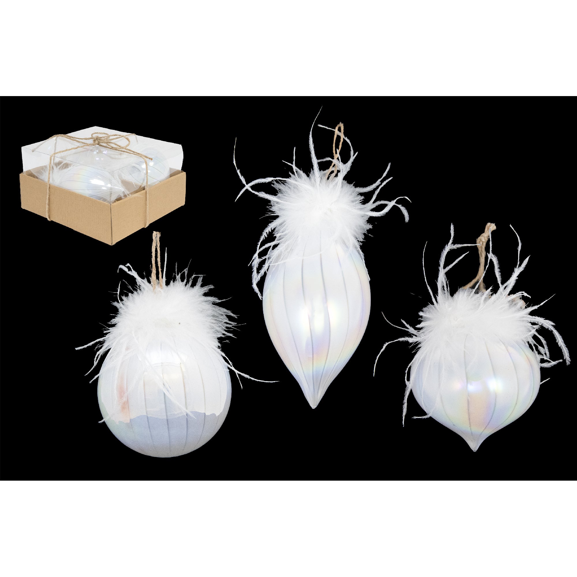 10cm 3 Piece Glass Ornaments in Gift Box Iridescent with Feathers, Storage Box, Holiday Decor