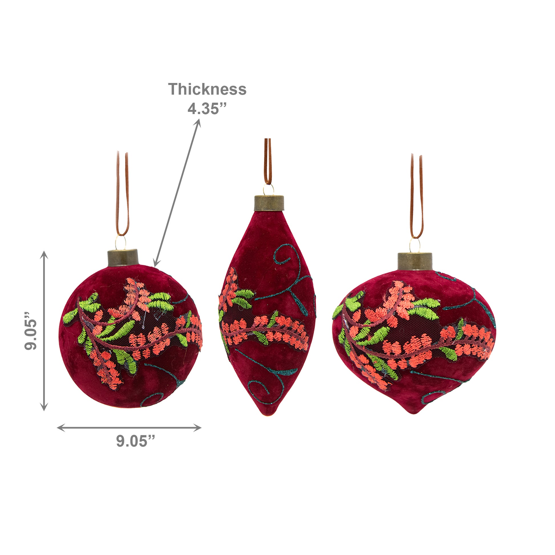 10cm 3 Piece Glass Ornaments in Gift Box Embroidered Velvet, Storage Box, Holiday Decor