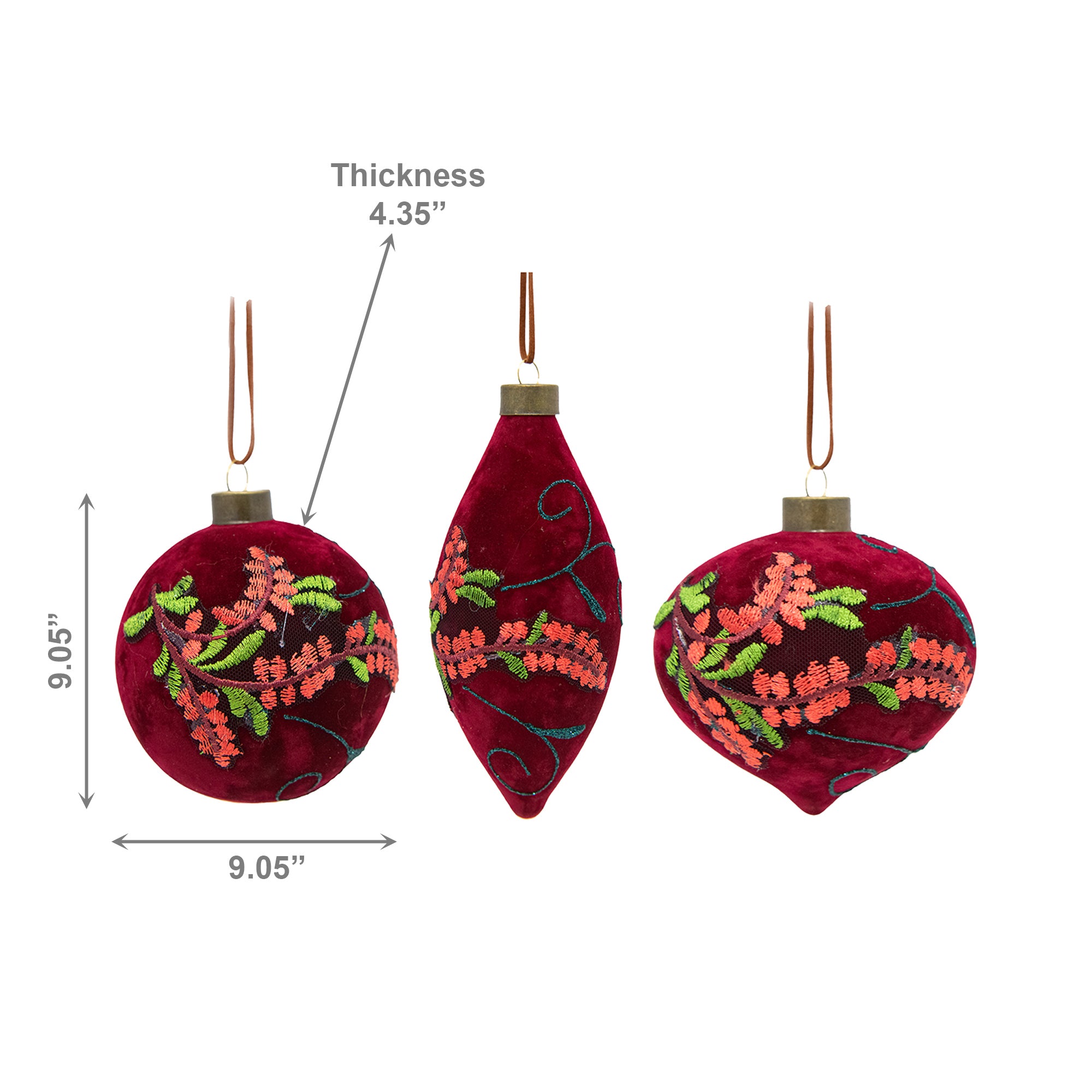 10cm 3 Piece Glass Ornaments in Gift Box Embroidered Velvet, Storage Box, Holiday Decor