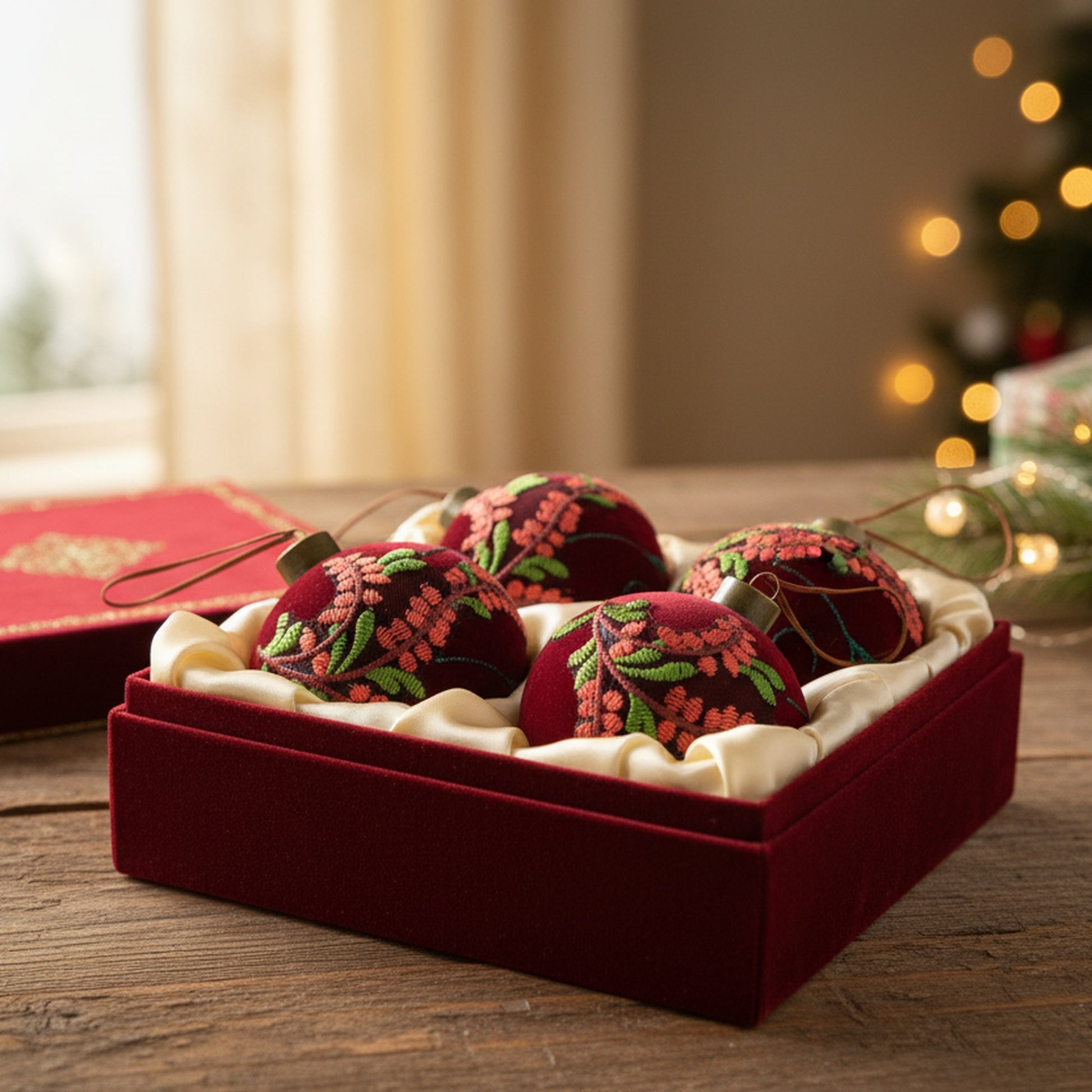 10cm 3 Piece Glass Ornaments in Gift Box Embroidered Velvet, Storage Box, Holiday Decor