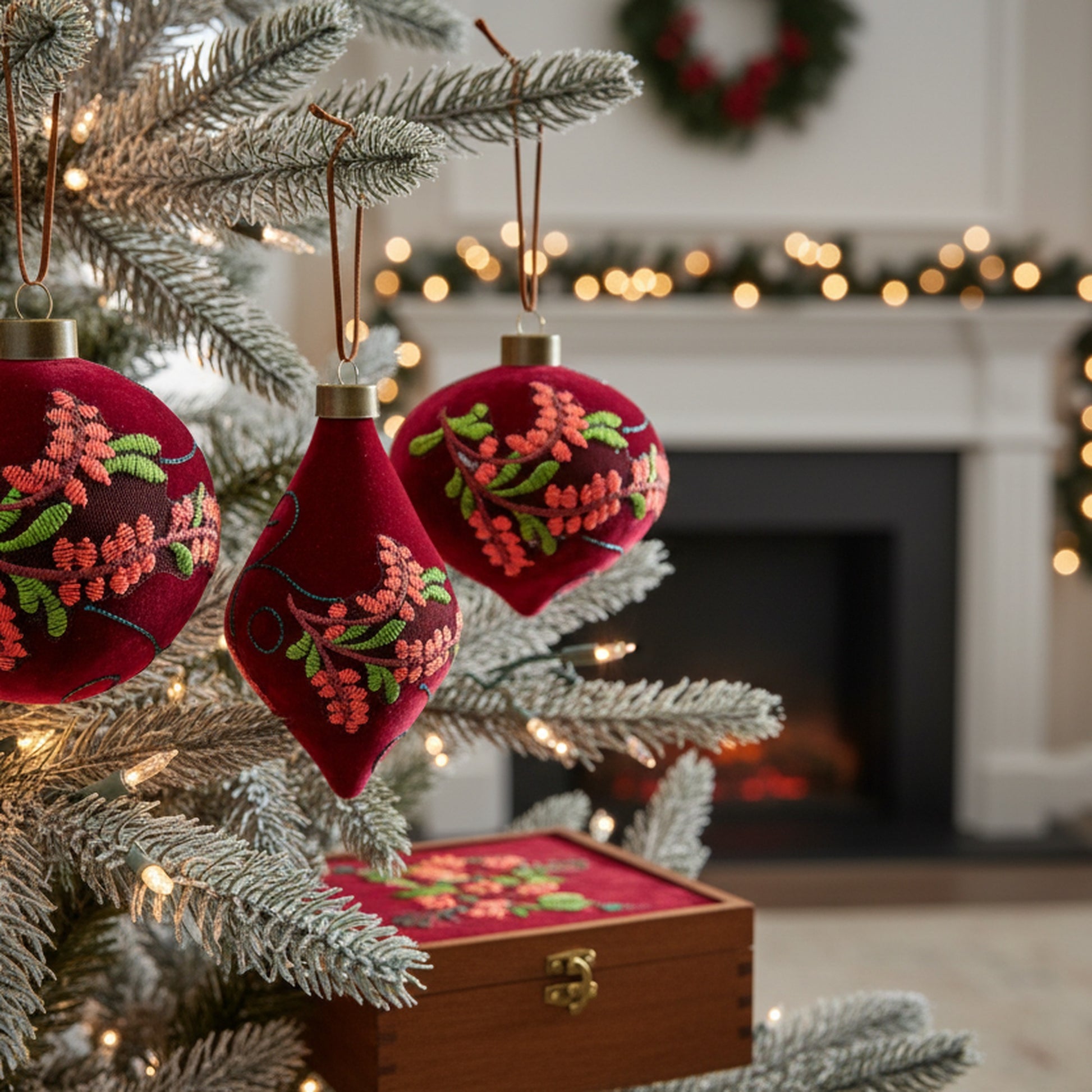 10cm 3 Piece Glass Ornaments in Gift Box Embroidered Velvet, Storage Box, Holiday Decor