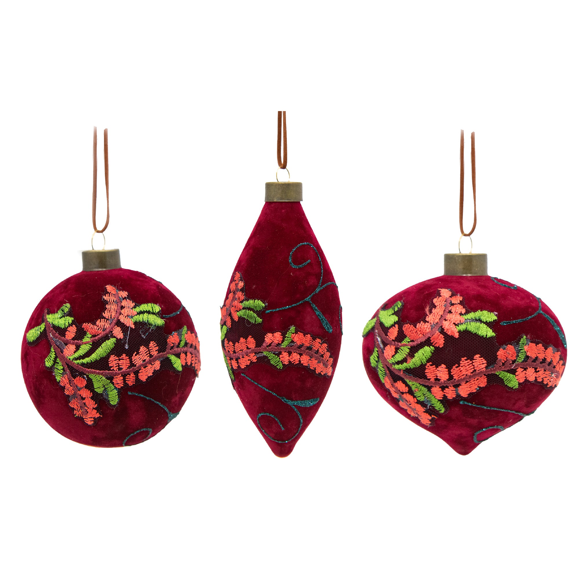 10cm 3 Piece Glass Ornaments in Gift Box Embroidered Velvet, Storage Box, Holiday Decor