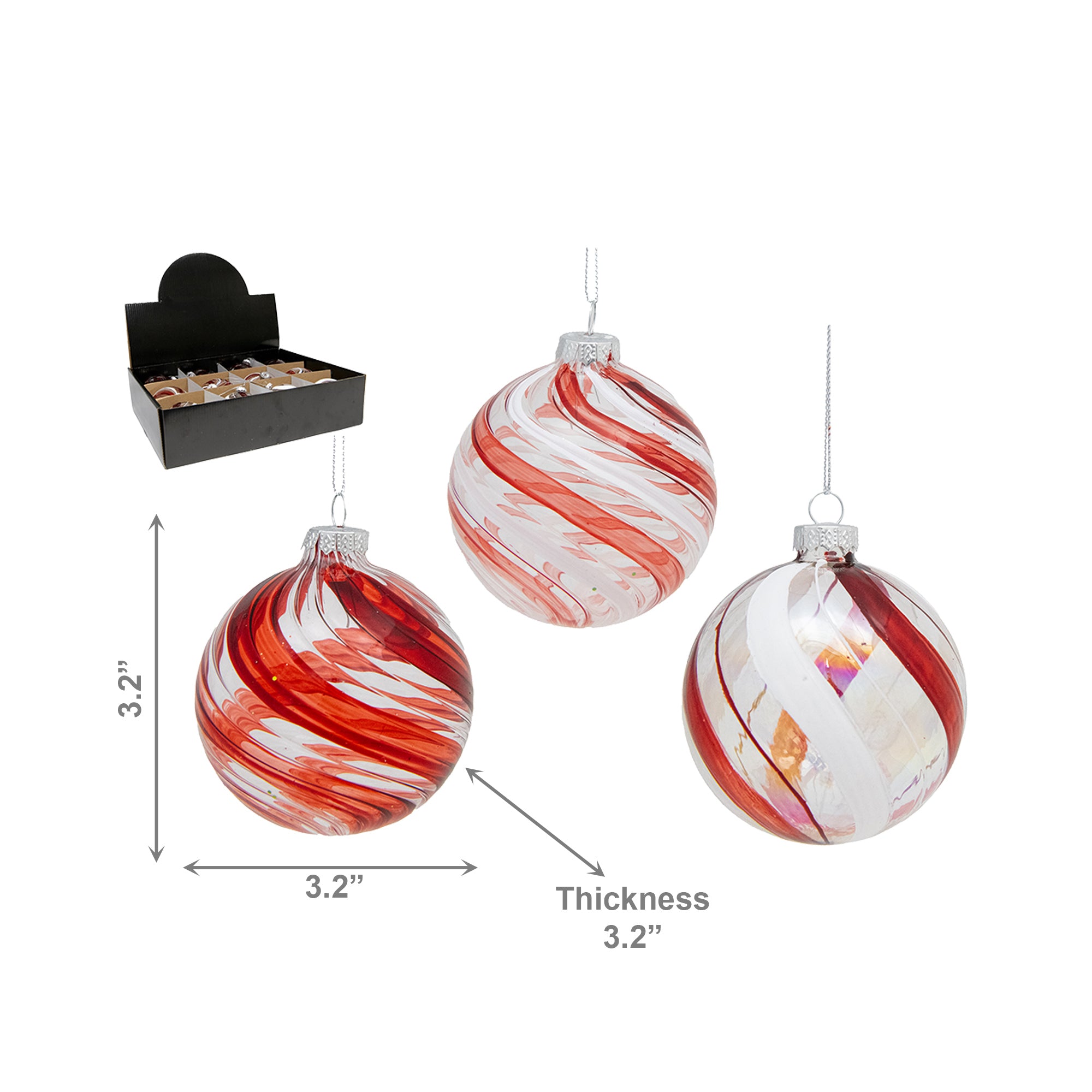Peppermint Swirl Glass Ornament Assorted, Ornament, Holiday Decor- Set of 12