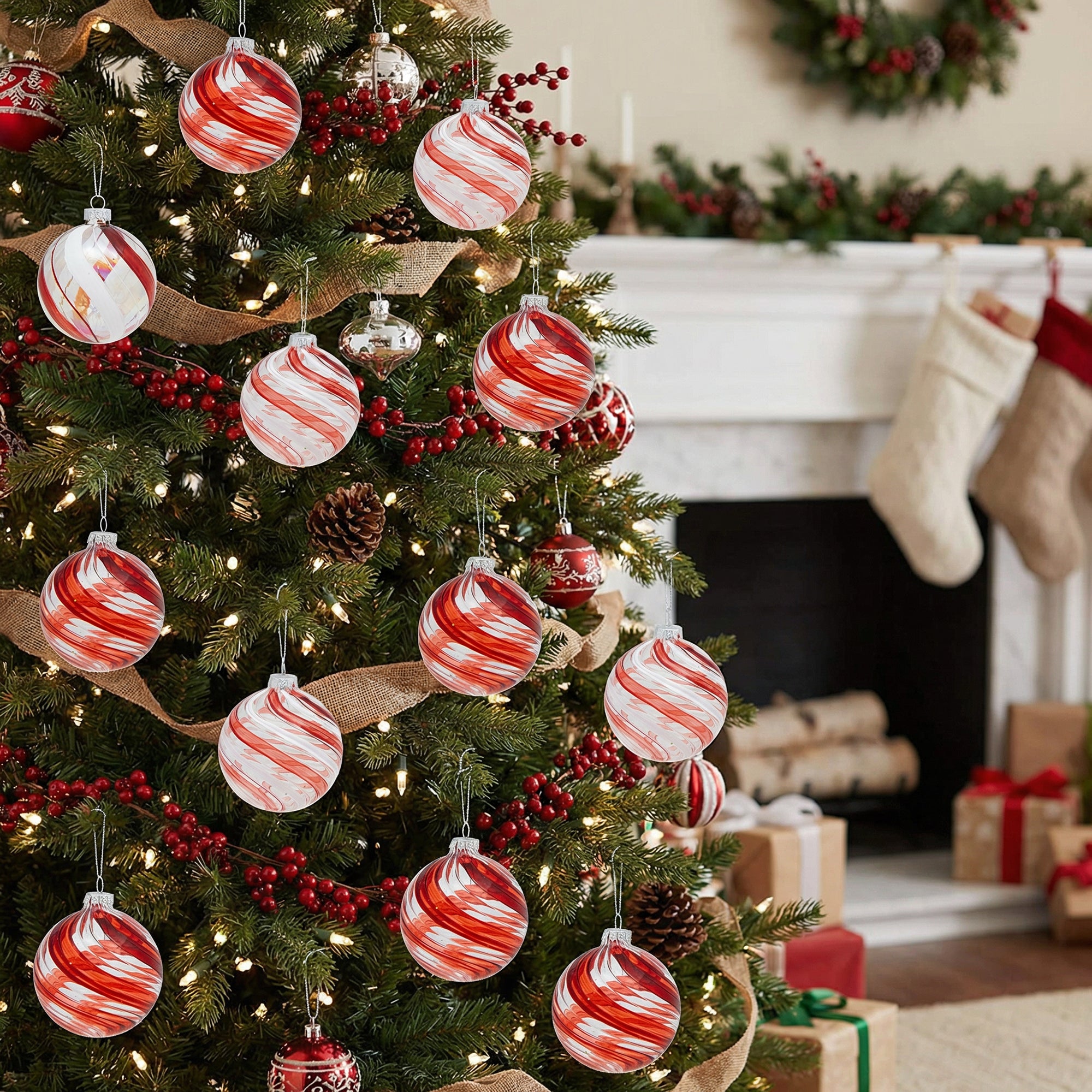 Peppermint Swirl Glass Ornament Assorted, Ornament, Holiday Decor- Set of 12