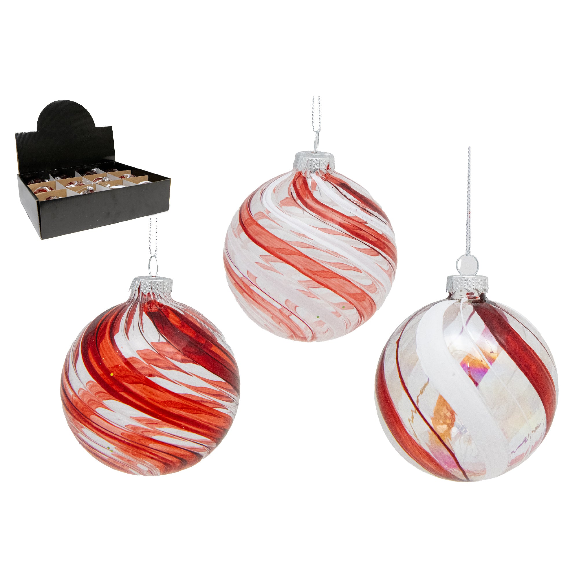 Peppermint Swirl Glass Ornament Assorted, Ornament, Holiday Decor- Set of 12