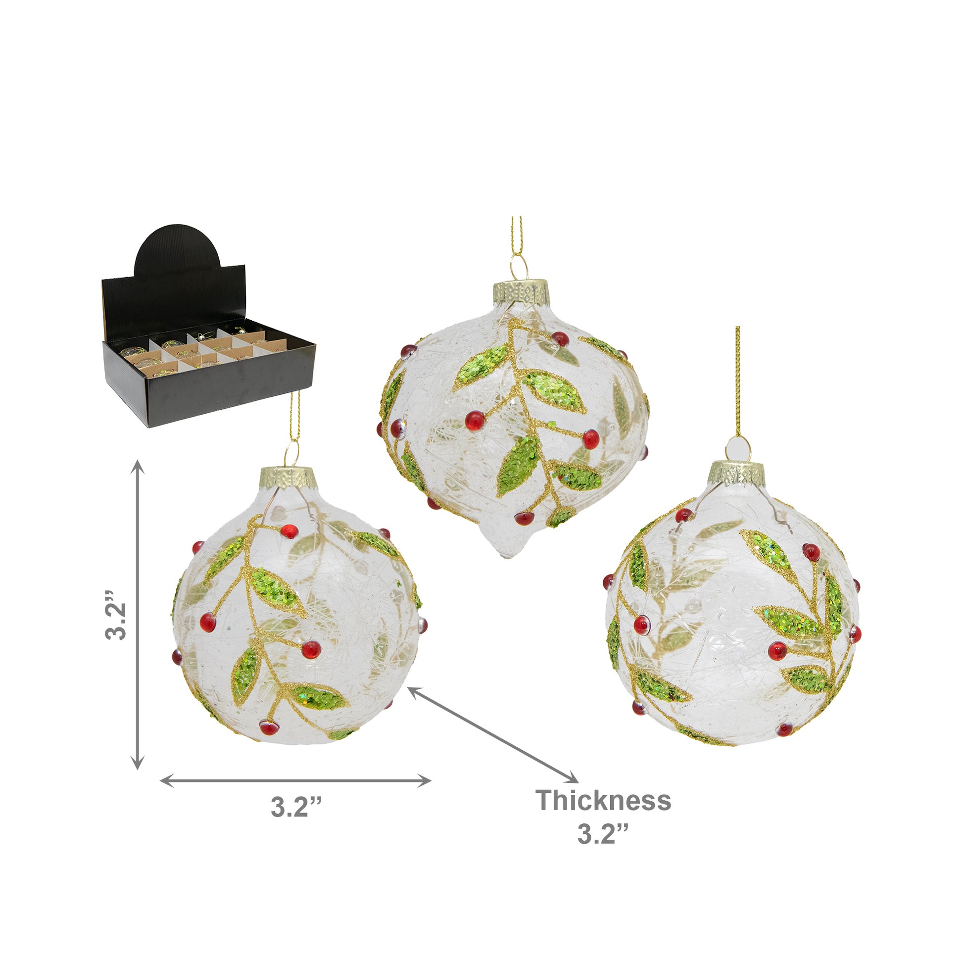 Glitter Holly Berries Glass Ornament Assorted, Christmas, Ornament, Holiday Decor- Set of 12