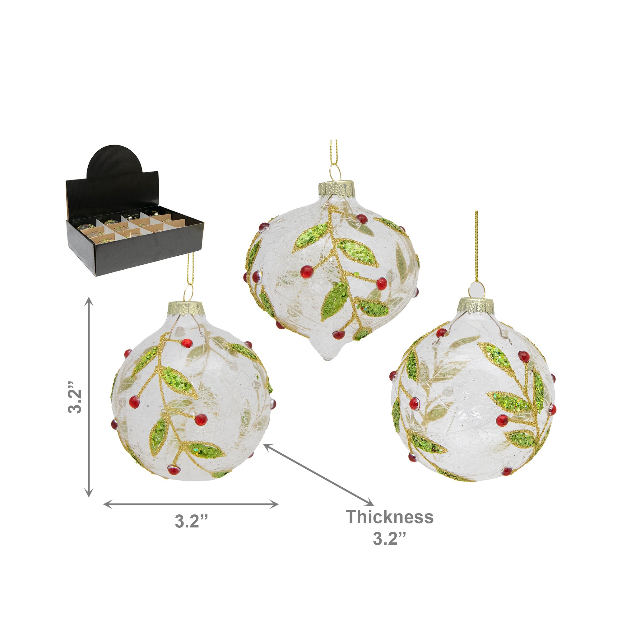 Glitter Holly Berries Glass Ornament Assorted, Christmas, Ornament, Holiday Decor- Set of 12