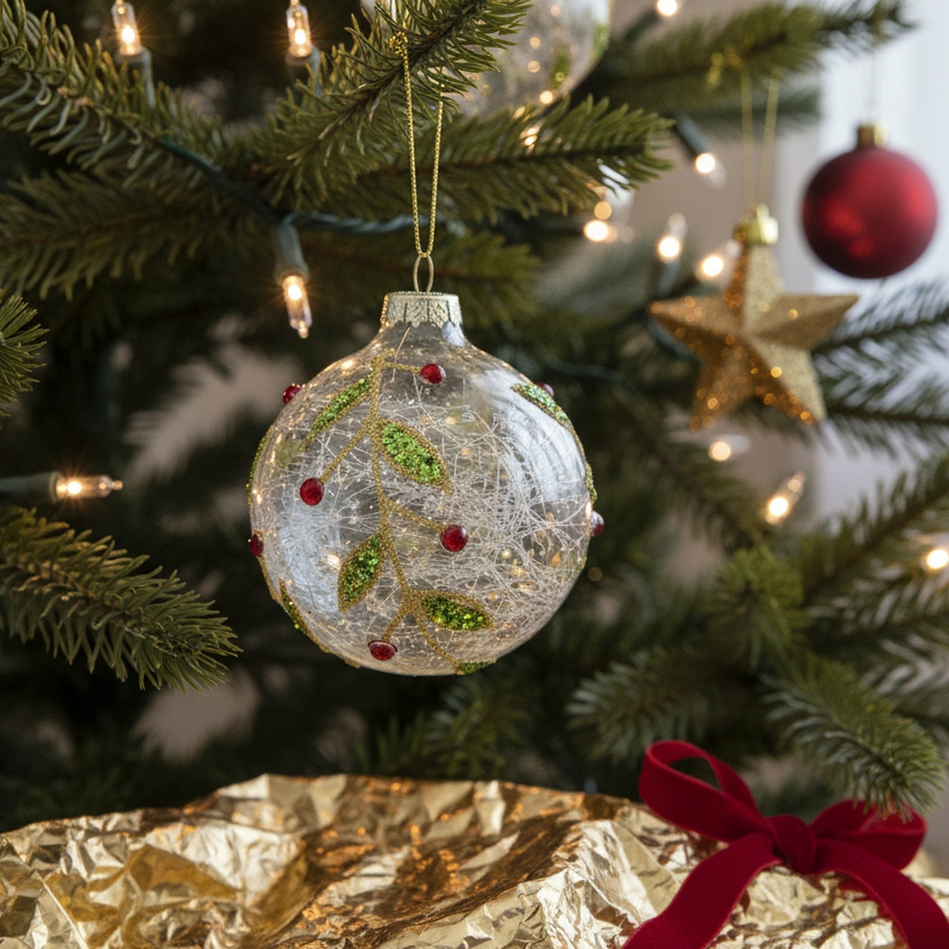 Glitter Holly Berries Glass Ornament Assorted, Christmas, Ornament, Holiday Decor- Set of 12