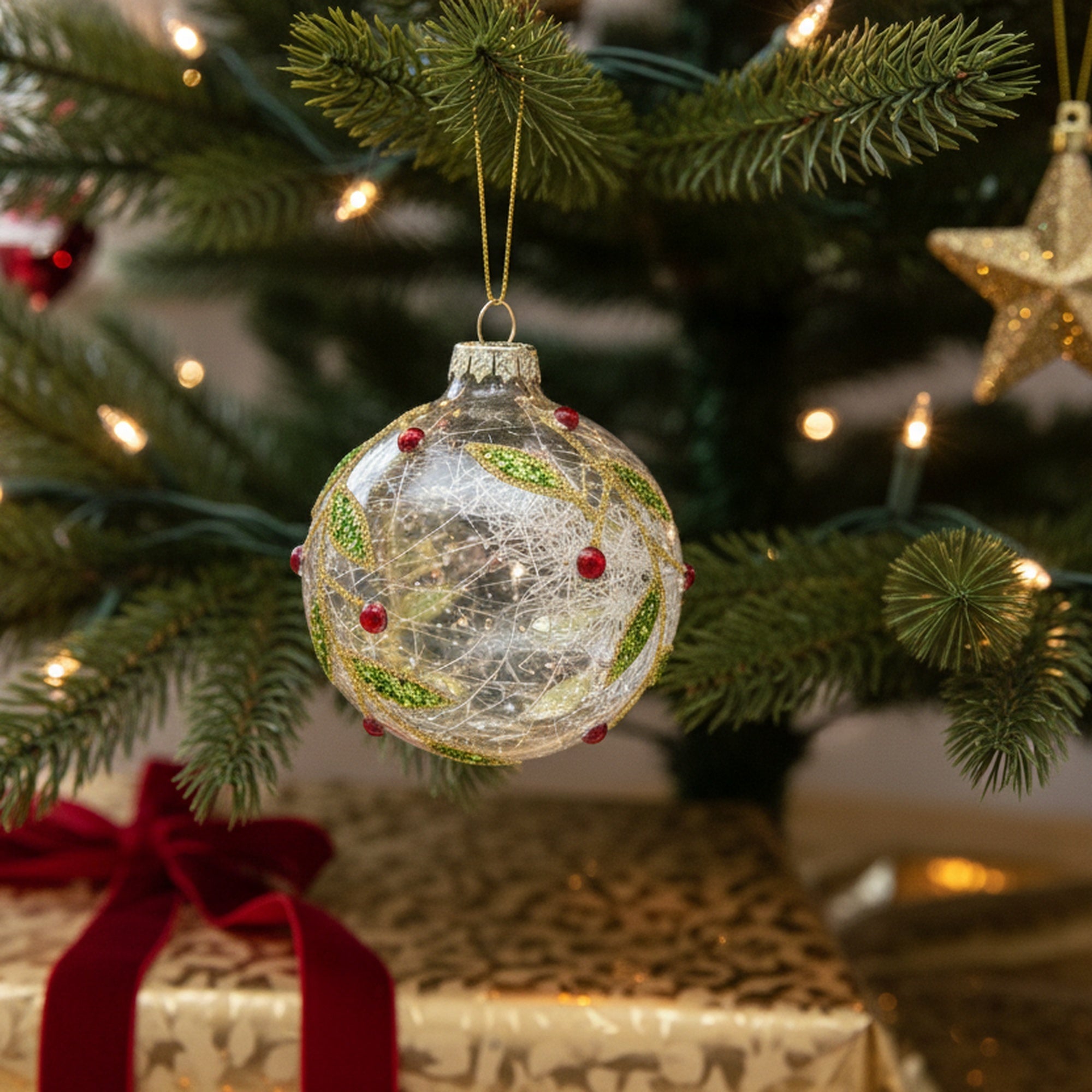Glitter Holly Berries Glass Ornament Assorted, Christmas, Ornament, Holiday Decor- Set of 12