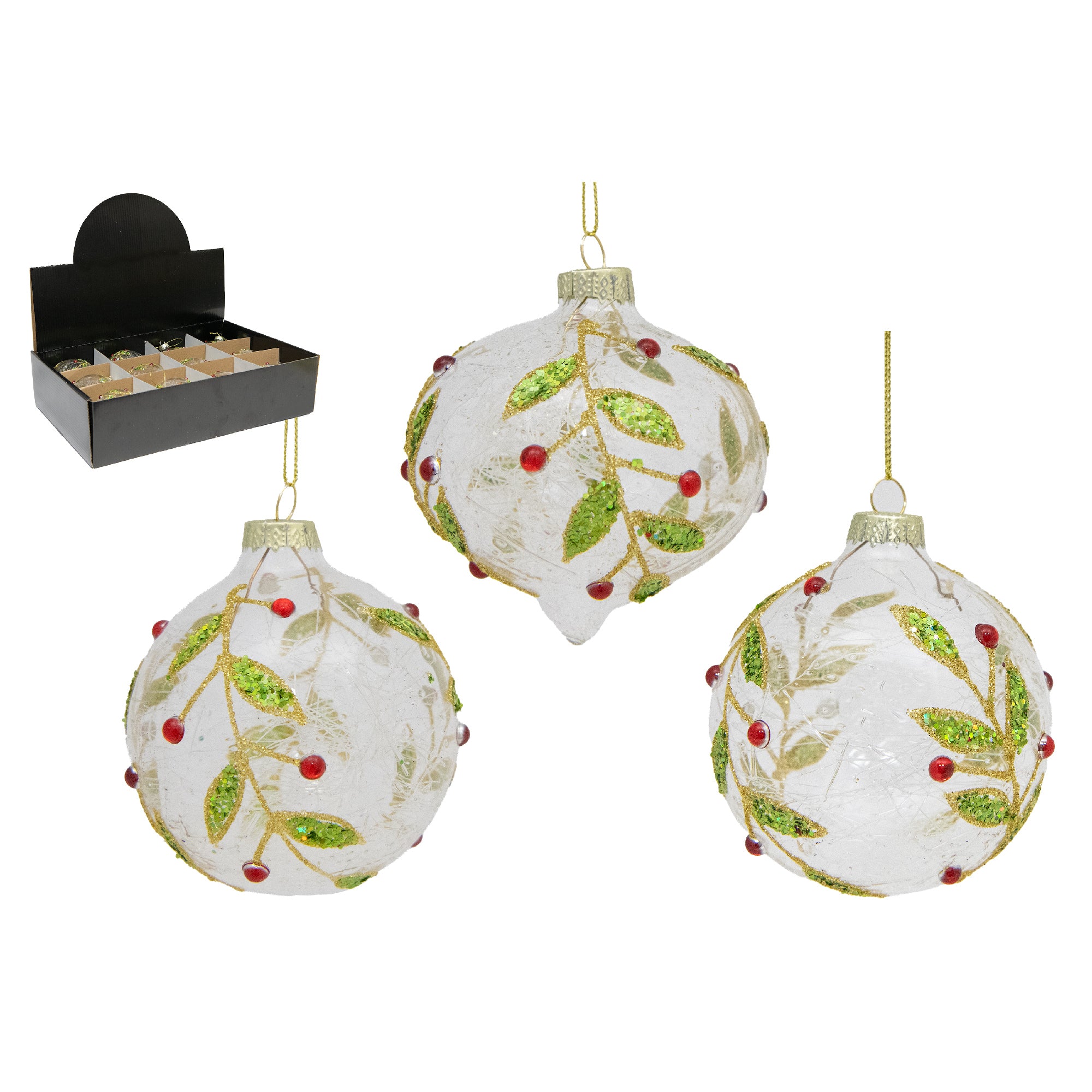 Glitter Holly Berries Glass Ornament Assorted, Christmas, Ornament, Holiday Decor- Set of 12