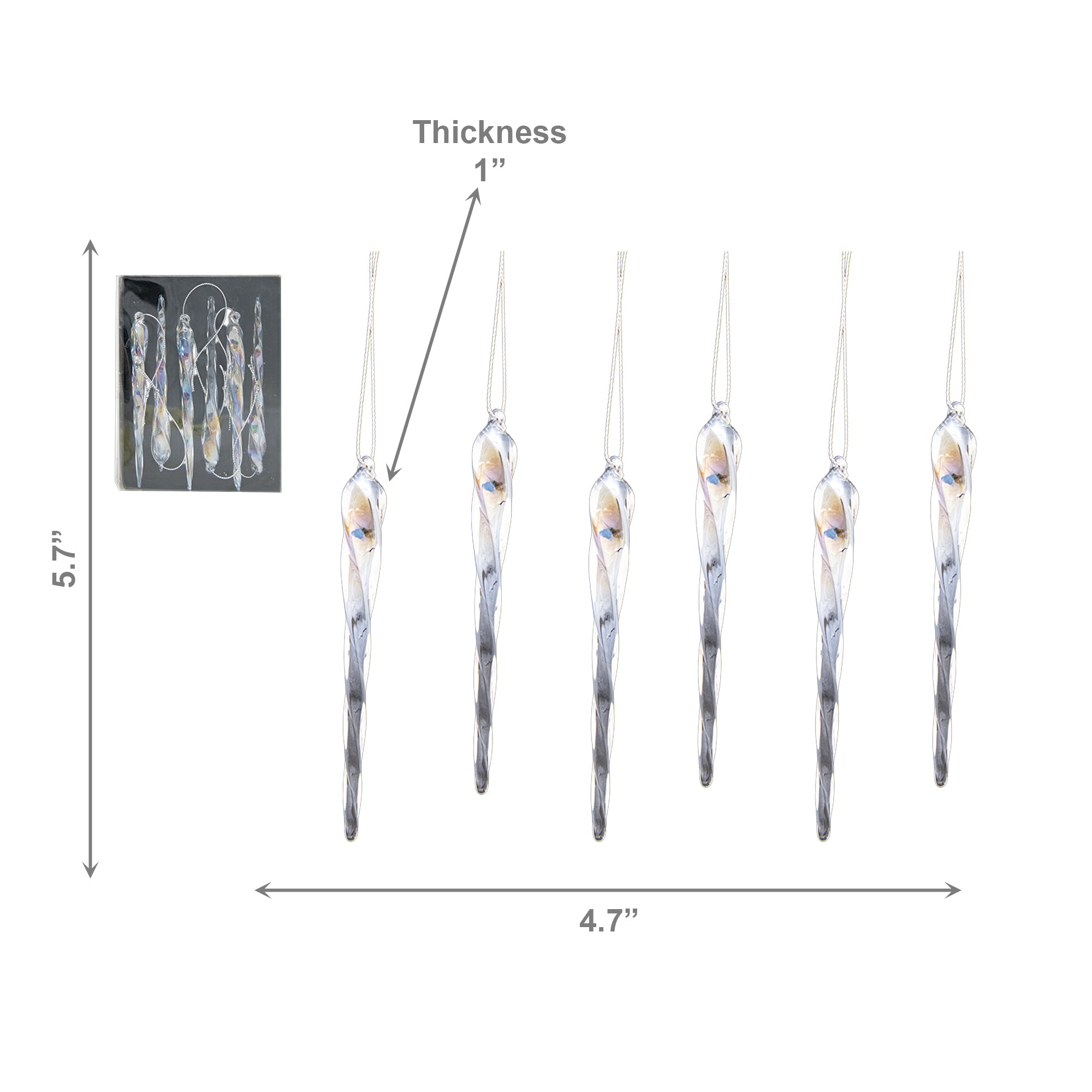 6 Piece Icicle Glass Ornament in Gift Box, Ornament, Holiday Decor