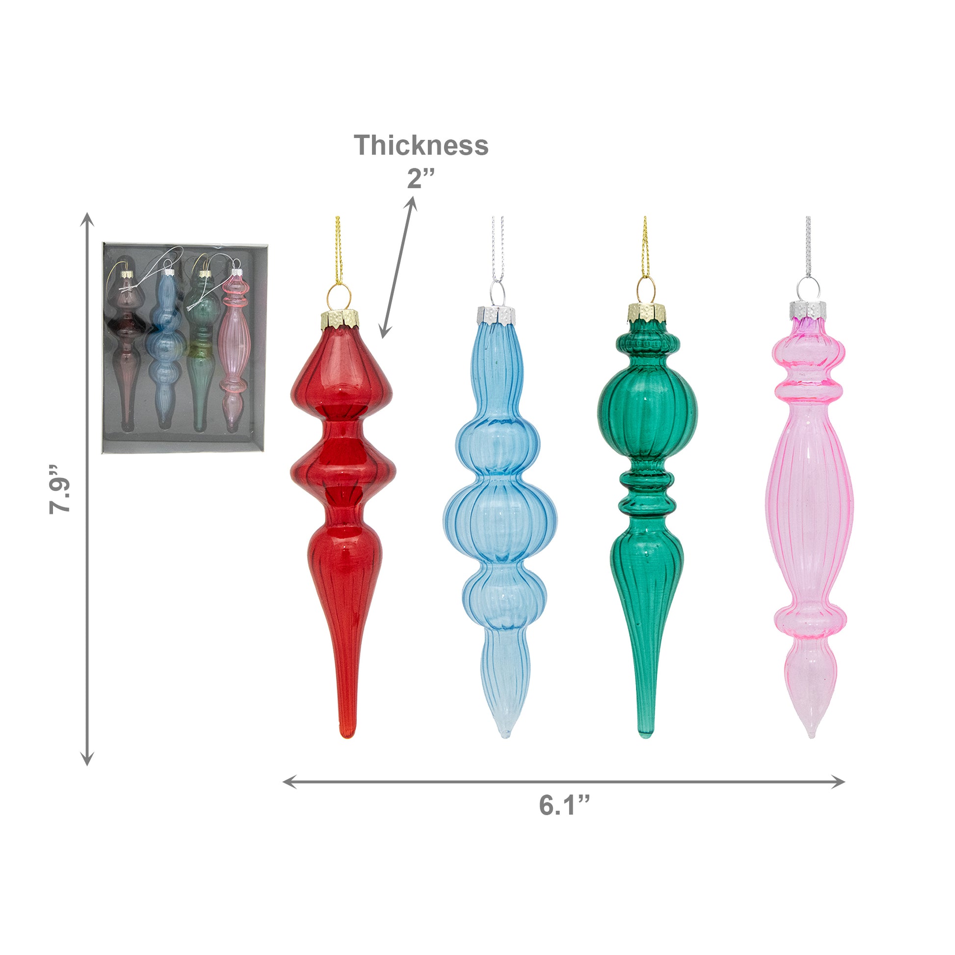 4 Piece Finial Glass Ornament in Gift Box, Ornament, Holiday Decor