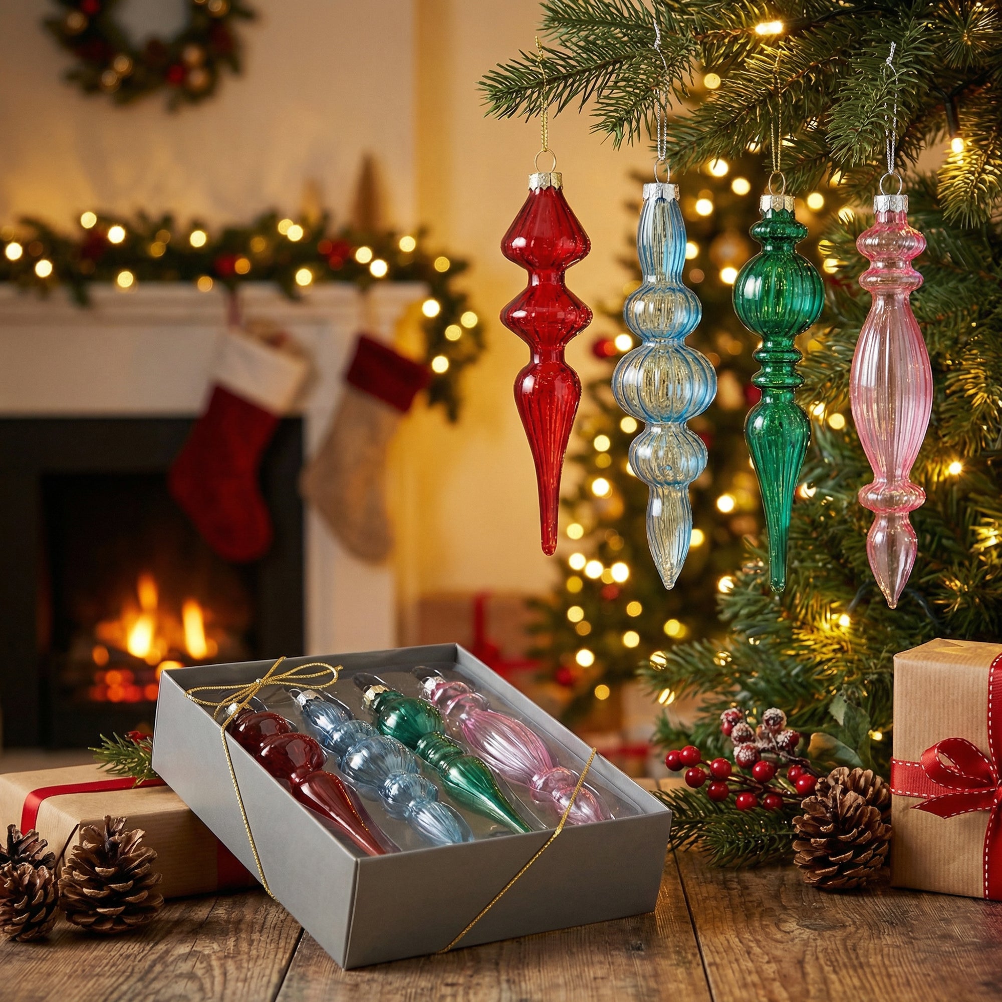 4 Piece Finial Glass Ornament in Gift Box, Ornament, Holiday Decor