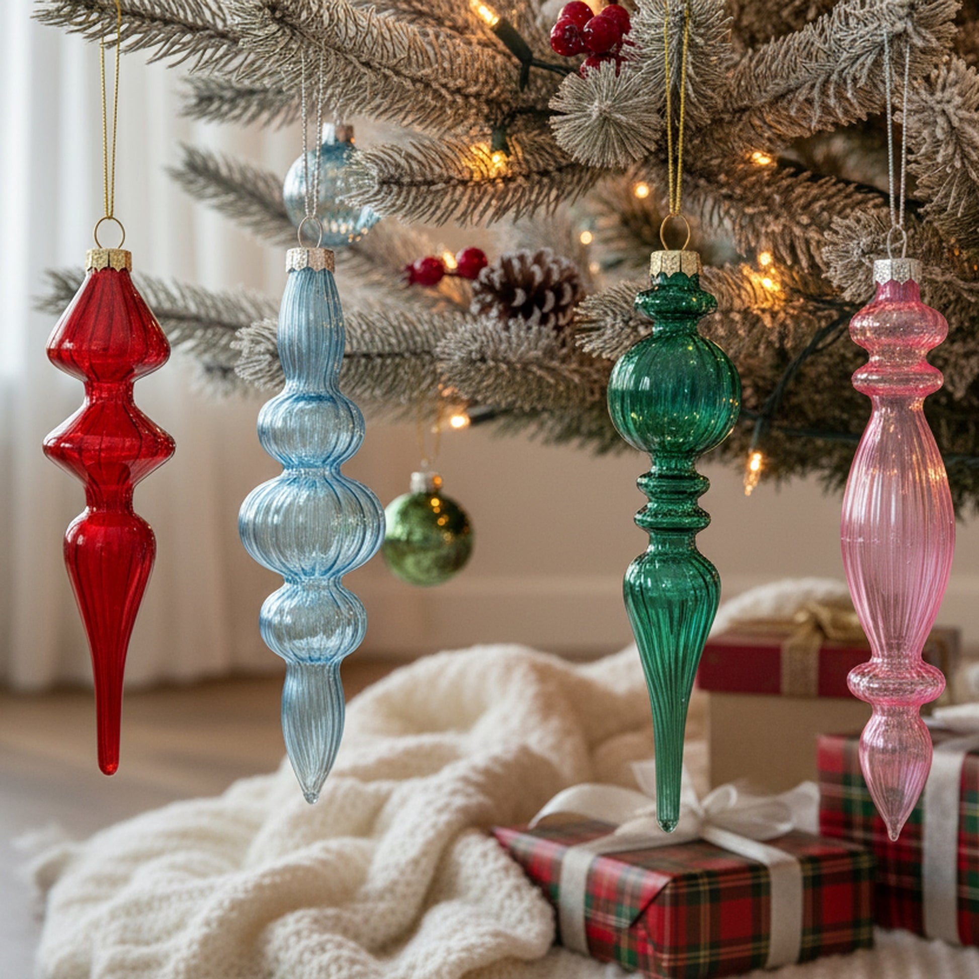 4 Piece Finial Glass Ornament in Gift Box, Ornament, Holiday Decor