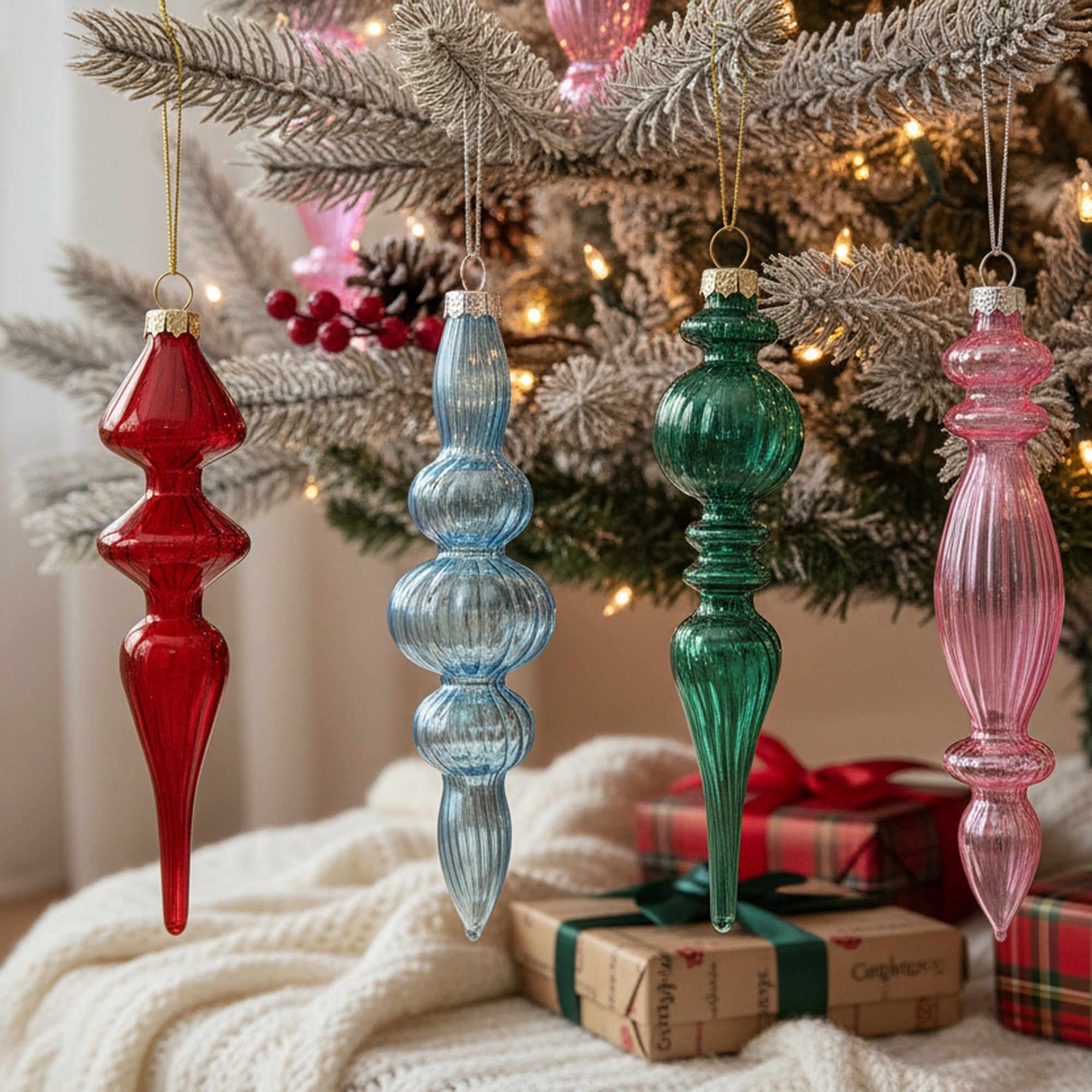 4 Piece Finial Glass Ornament in Gift Box, Ornament, Holiday Decor