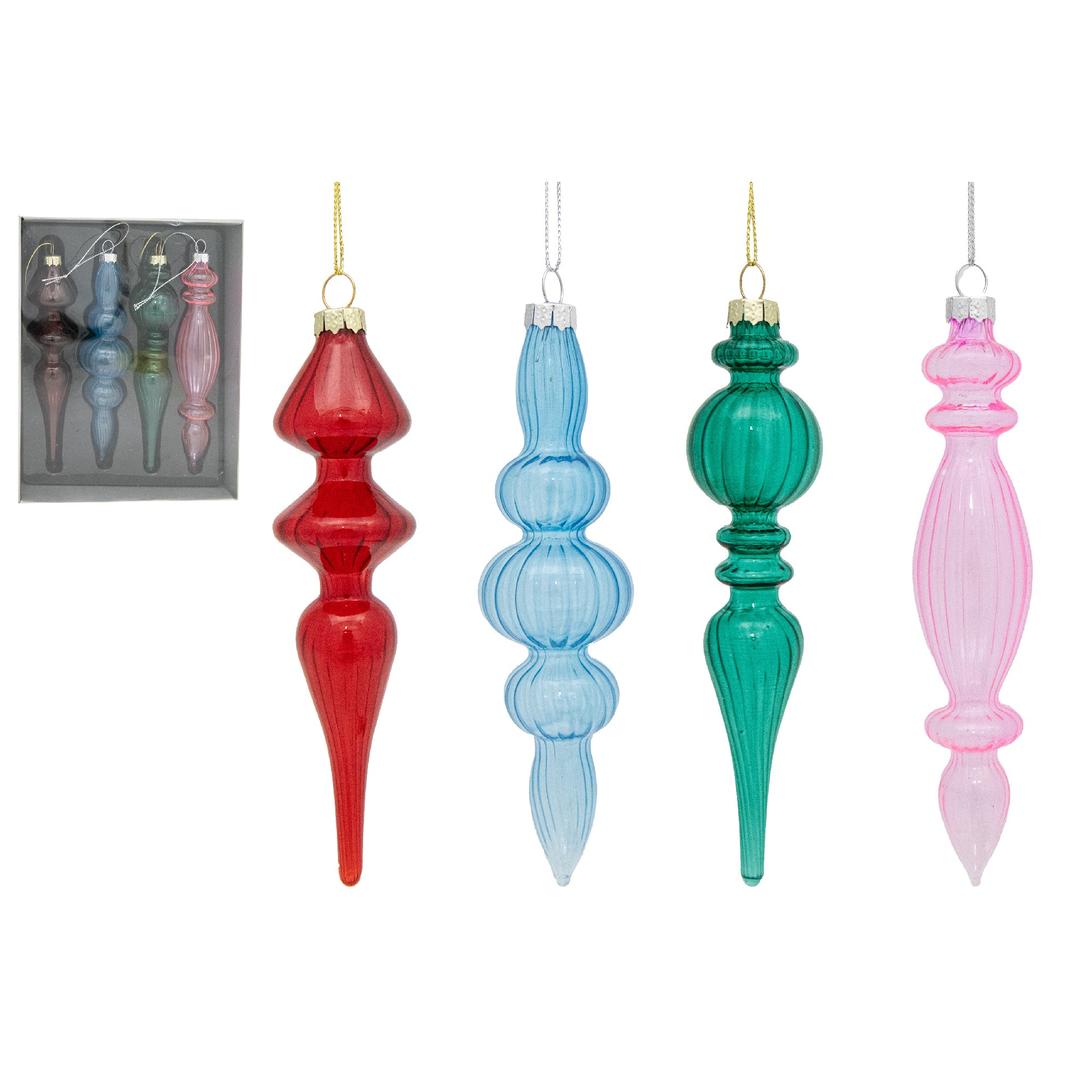 4 Piece Finial Glass Ornament in Gift Box, Ornament, Holiday Decor