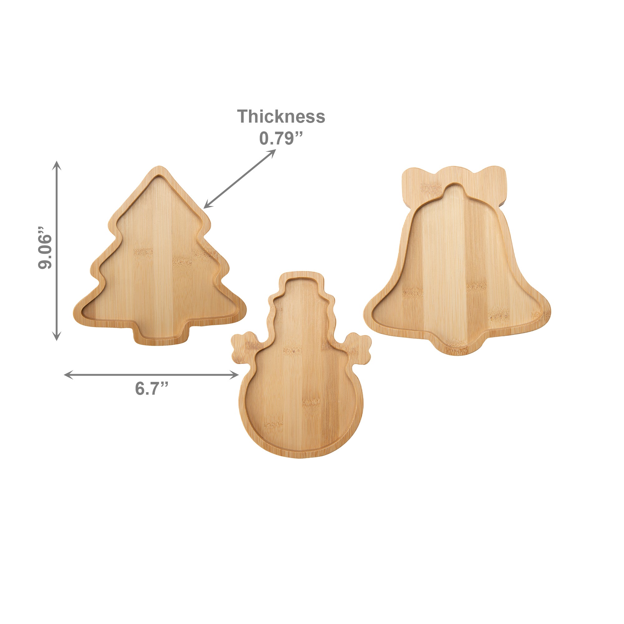 Bamboo Serving Tray Assorted Bell/Tree/Snowman, Christmas, Serving Tray, Holiday Decor- Set of 3
