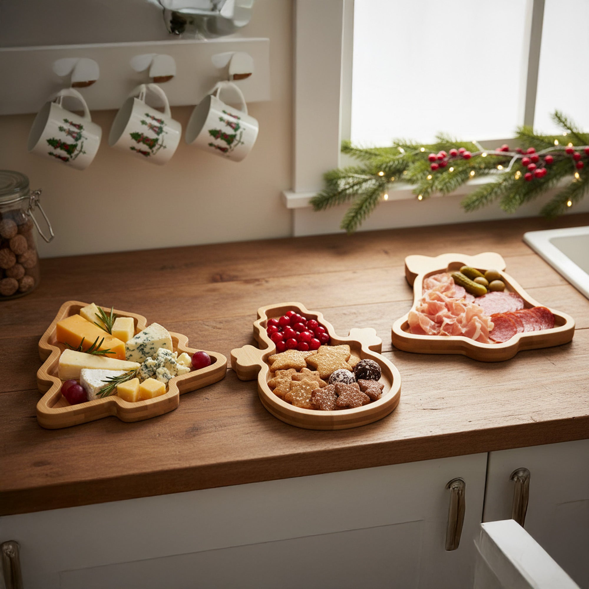 Bamboo Serving Tray Assorted Bell/Tree/Snowman, Christmas, Serving Tray, Holiday Decor- Set of 3