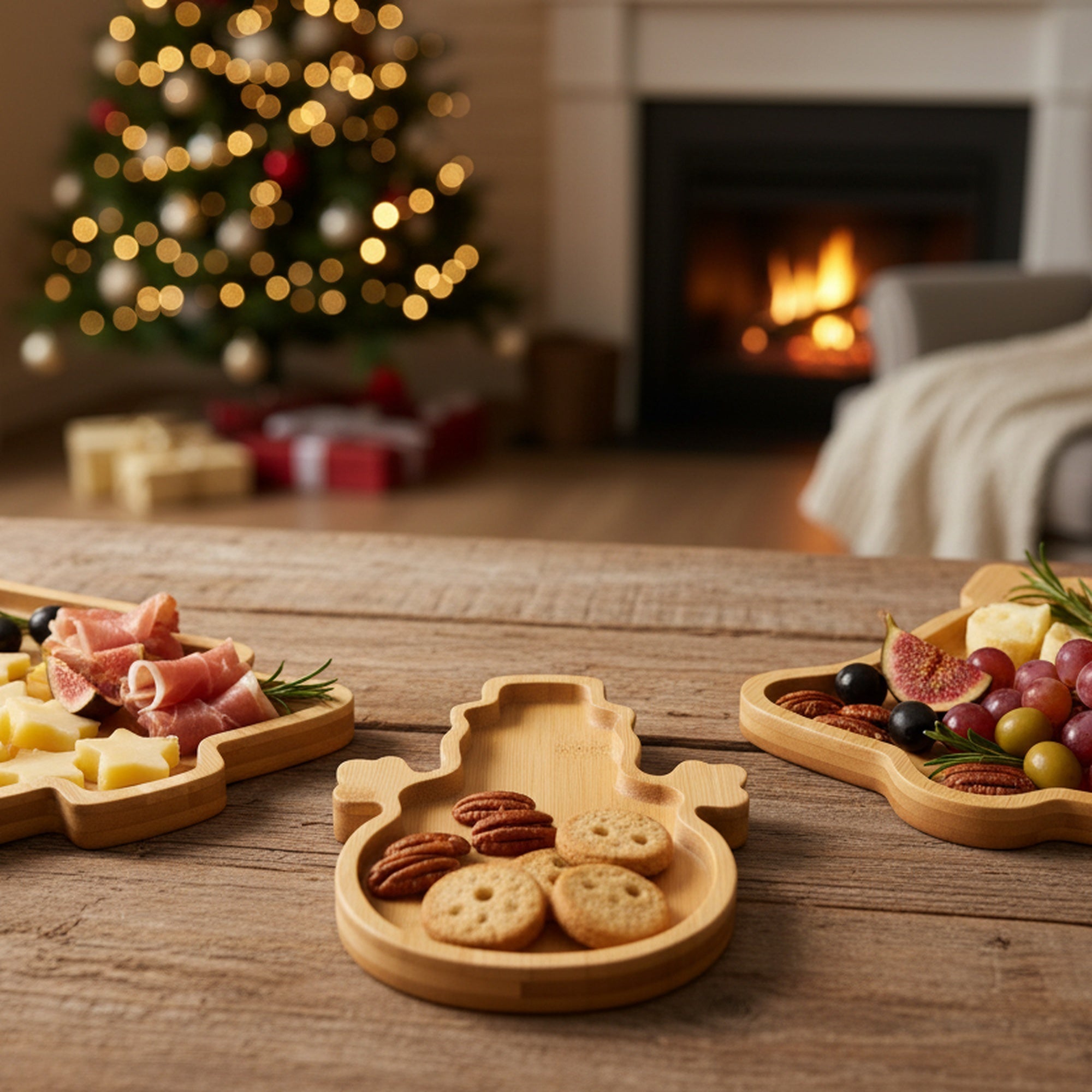 Bamboo Serving Tray Assorted Bell/Tree/Snowman, Christmas, Serving Tray, Holiday Decor- Set of 3